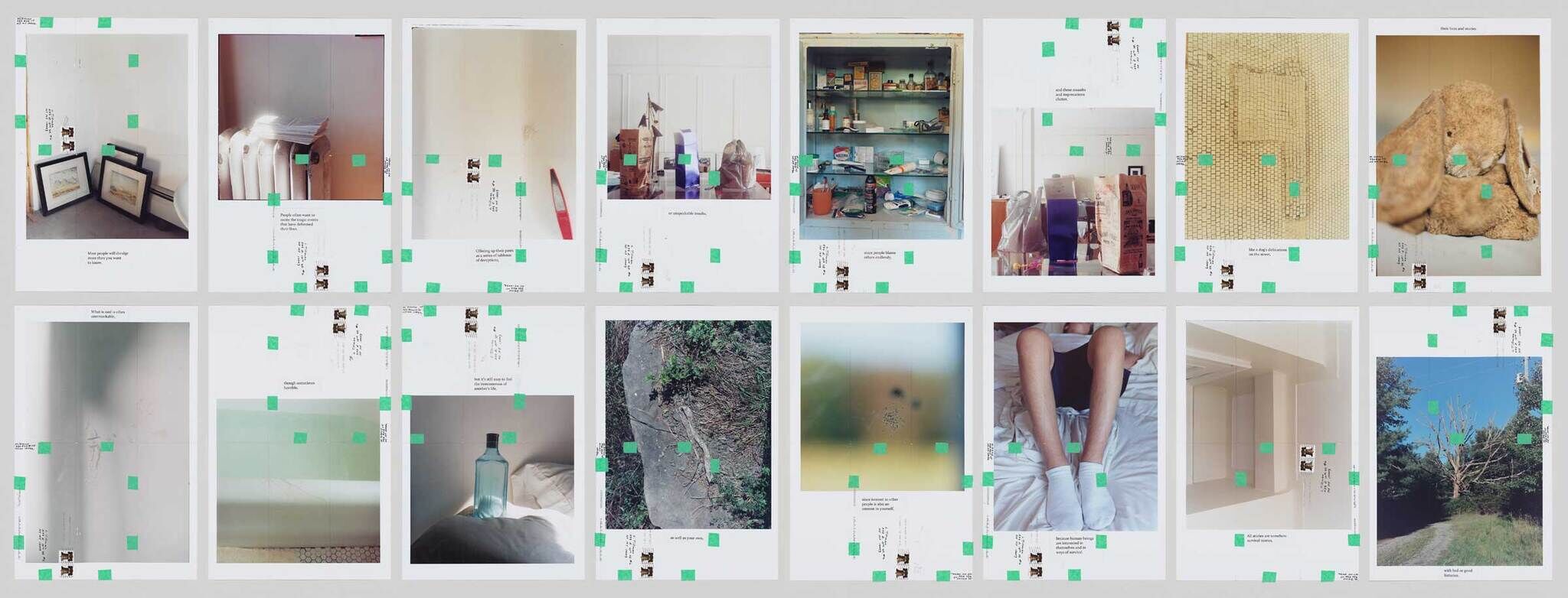 A collage of 16 photographs of various household items with green grids and writing all over.
