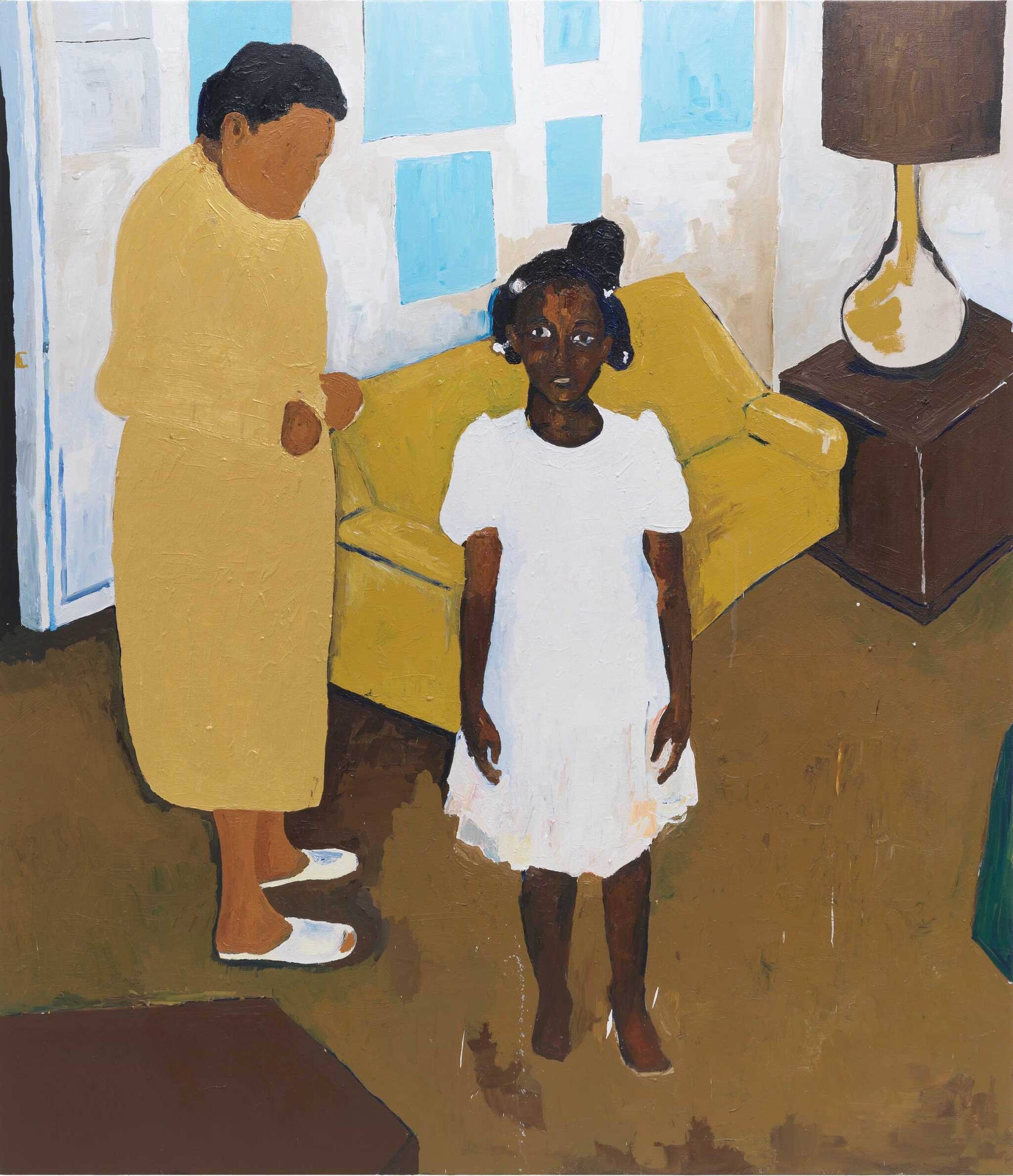 Two figures standing in a living room. The younger figure wears a pristine white dress and matching white clips in their hair. An older figure stands to the left, with their head tilted downwards, seemingly inspecting the younger figure’s outfit. They are dressed in a long sleeve shift dress which has a muted yellowish-green color.