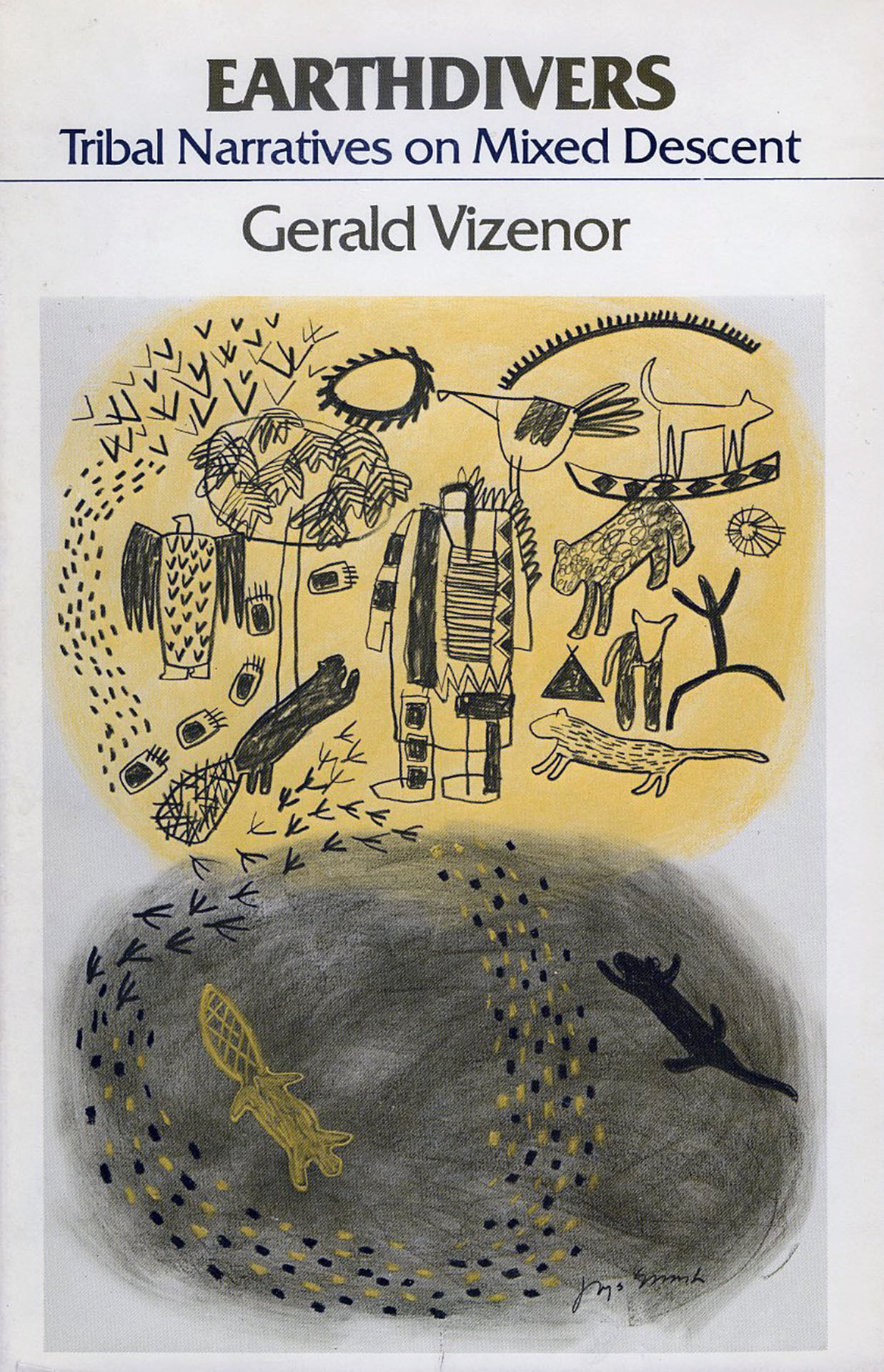 Black drawings of animals, people, and plants swirl across a sketched yellow and black background. 