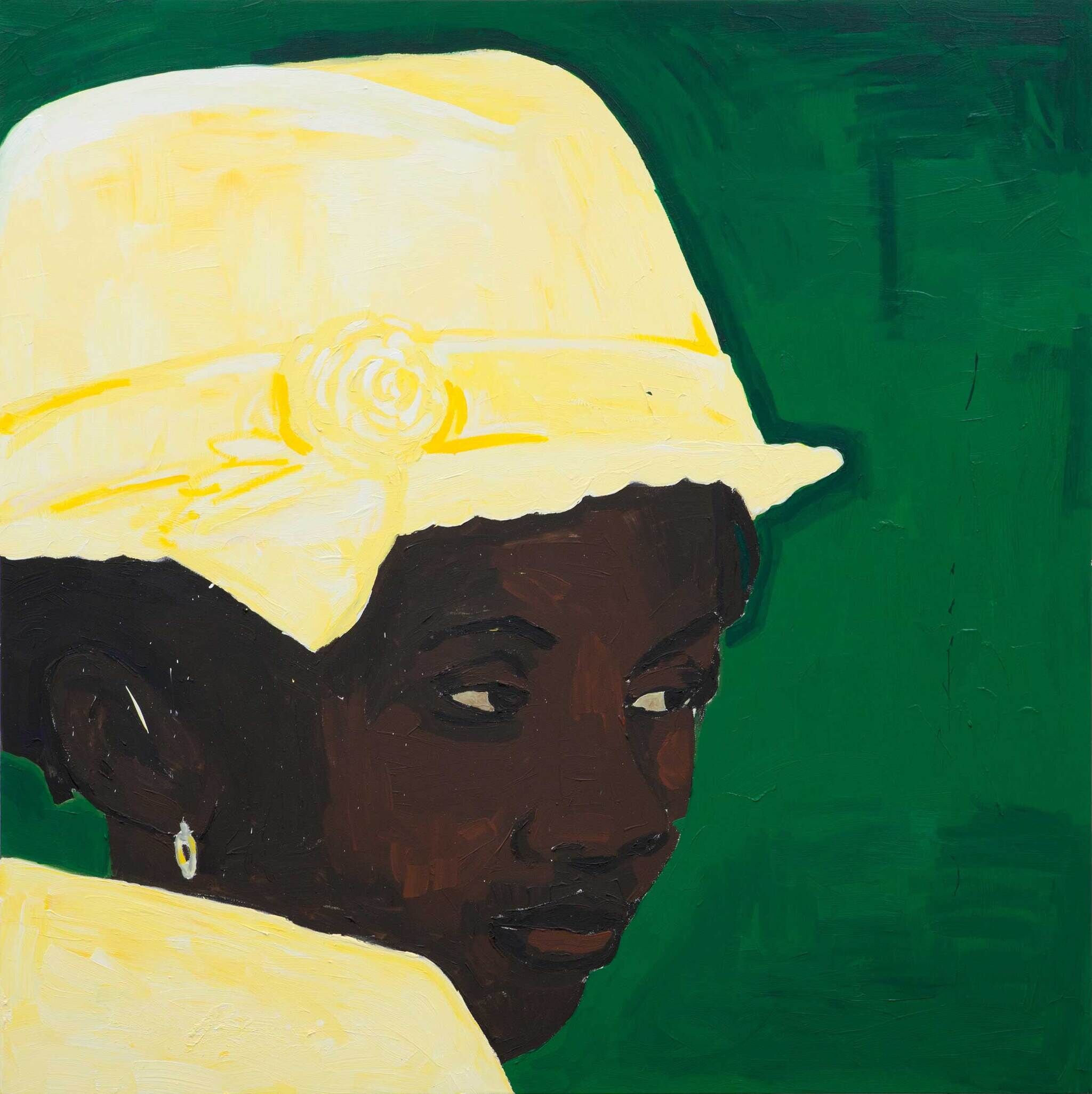 A close up view of the face of a Black woman wearing a yellow hat and jacket against a green background.