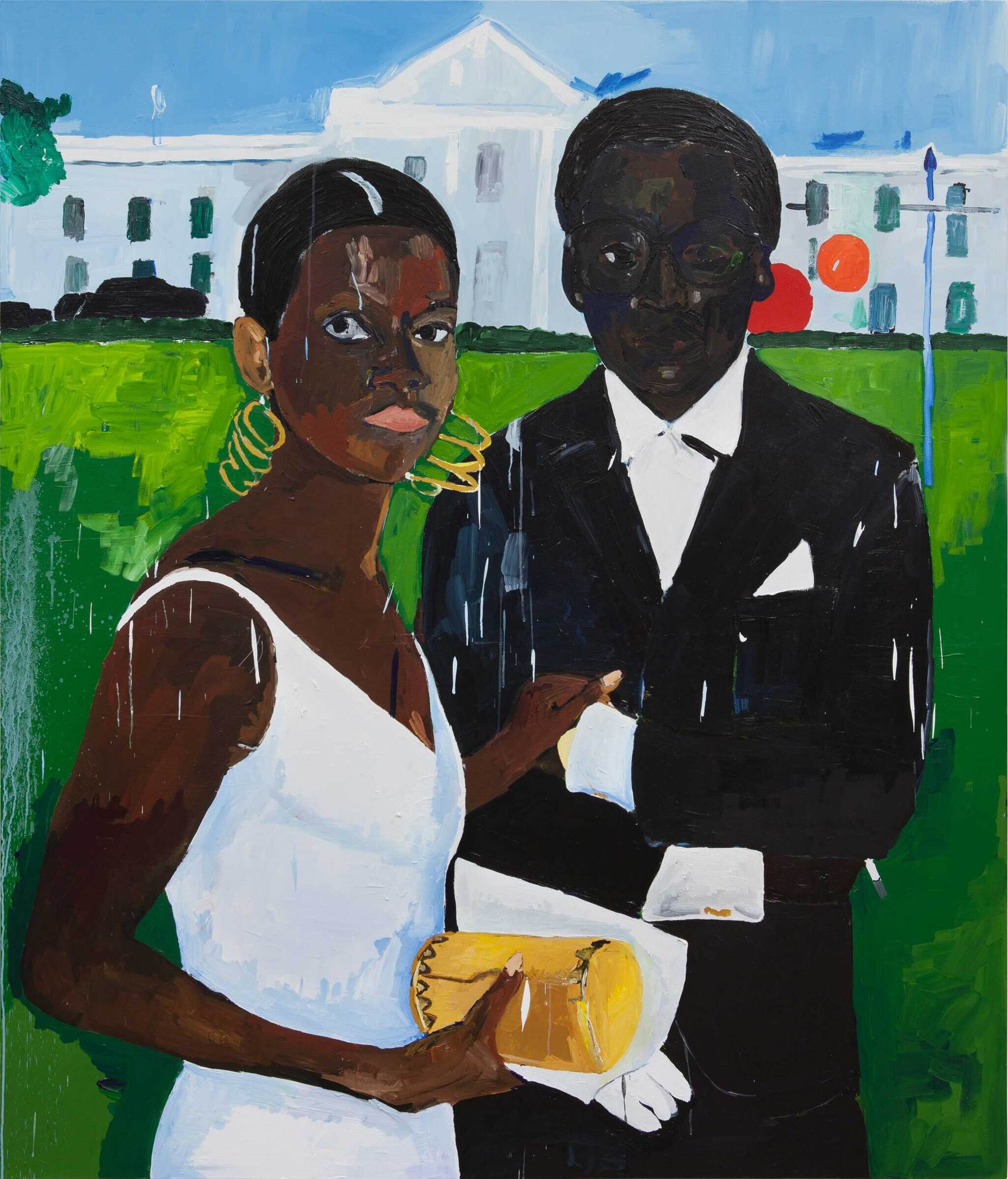 A Black woman in a white dress holding a yellow clutch stands with a Black man in a suit in front of the White House.