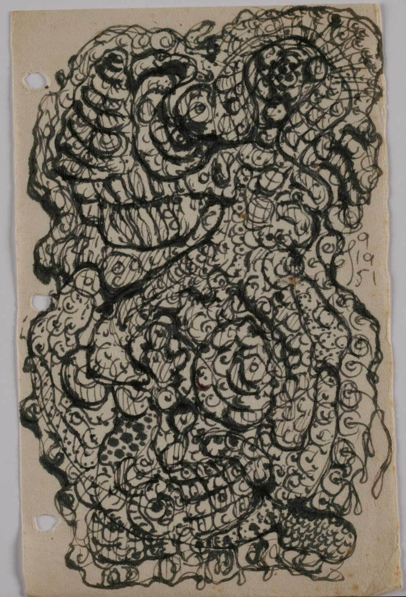 An abstract drawing consisting of black swirls, spirals, and dots overlapping each other. The background paper is an off-white color with a three hole punch on the left edge.