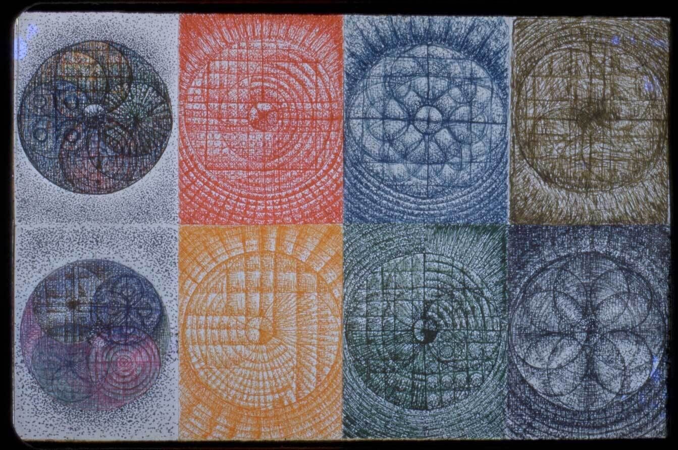 Two rows of four rectangular sections, each featuring a circle that takes up the width of the rectangle. The circles each have a distinct pattern of grids and smaller circles within and around them. The 8 sections are distinguished by color.