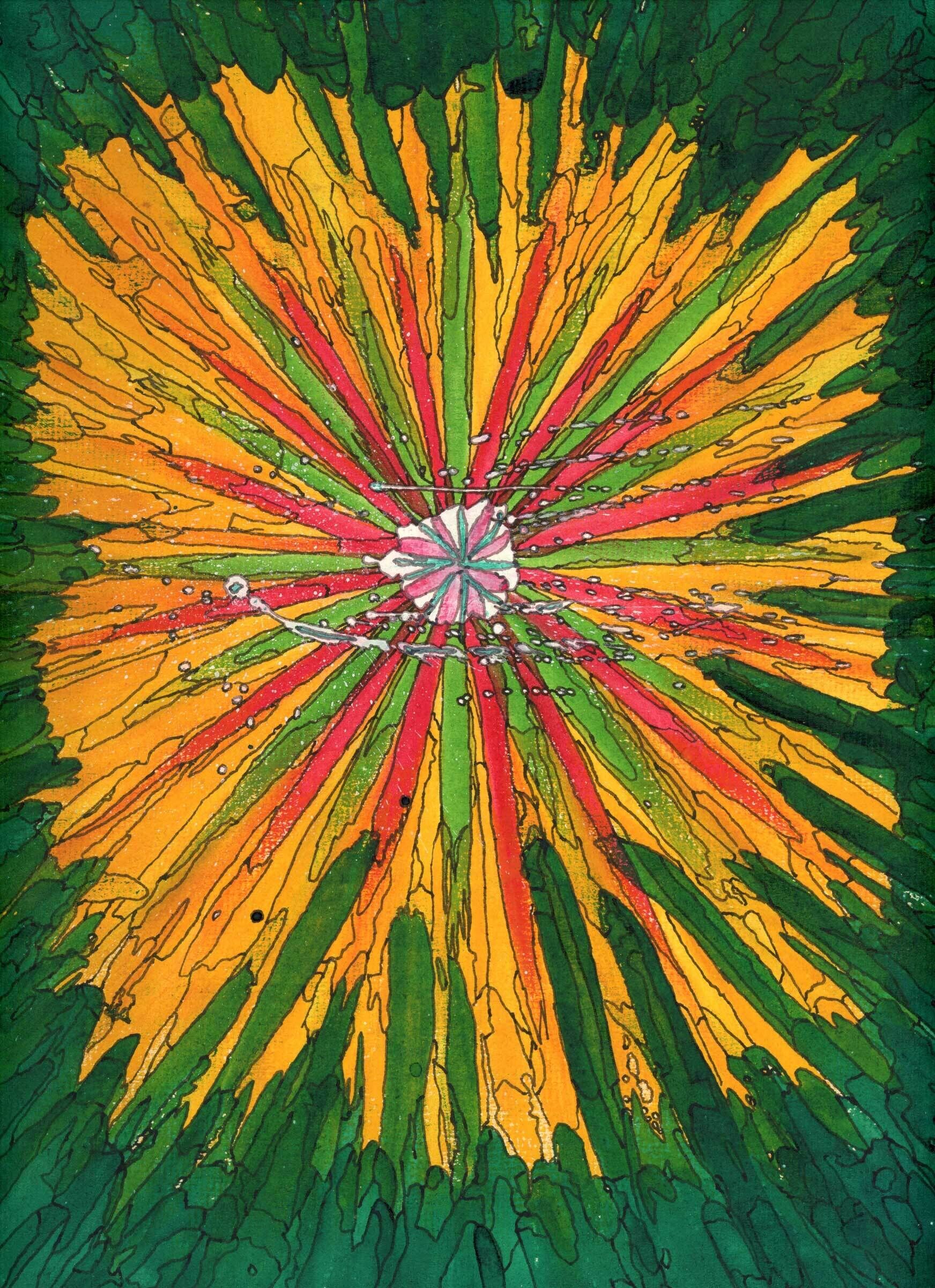 Yellow, red, and light green abstract oblong shapes shoot out from the center of the piece. Around the edges of the paper, the shapes all become a dark green color.