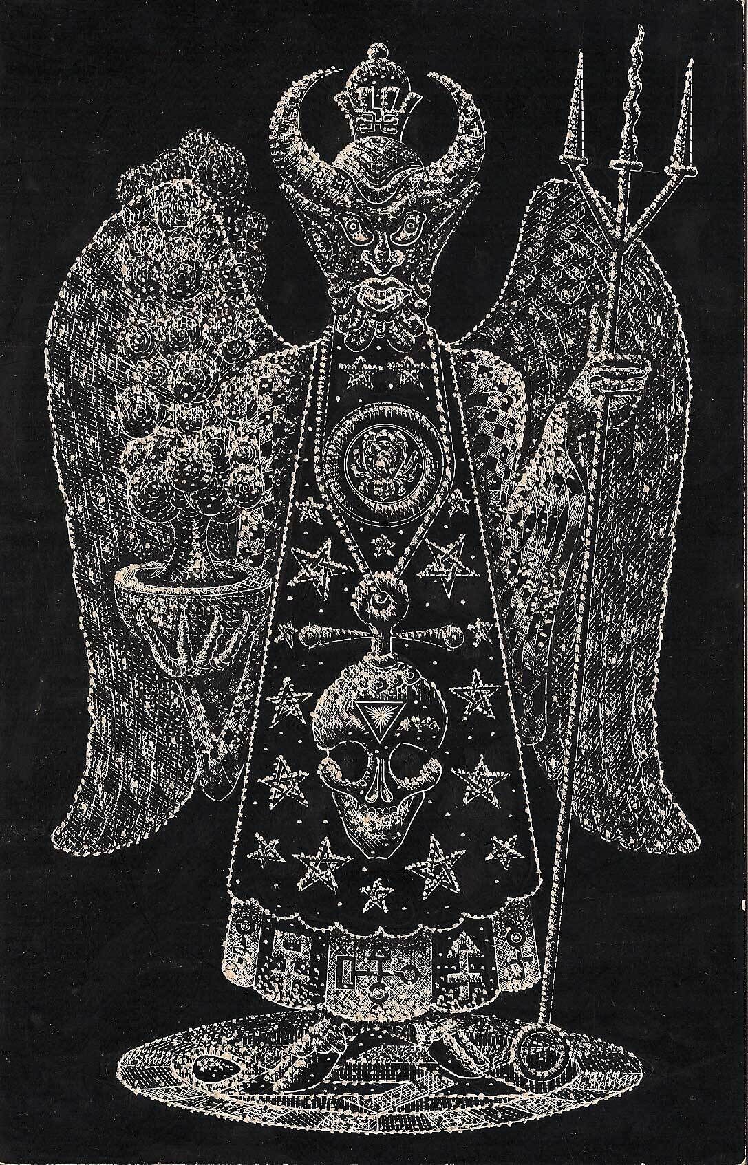 A black and white etched print of a figure with wings, holding a potted tree in their left hand and a trident in their right. Two horns shoot up from the top of their head, where a small crown sits.