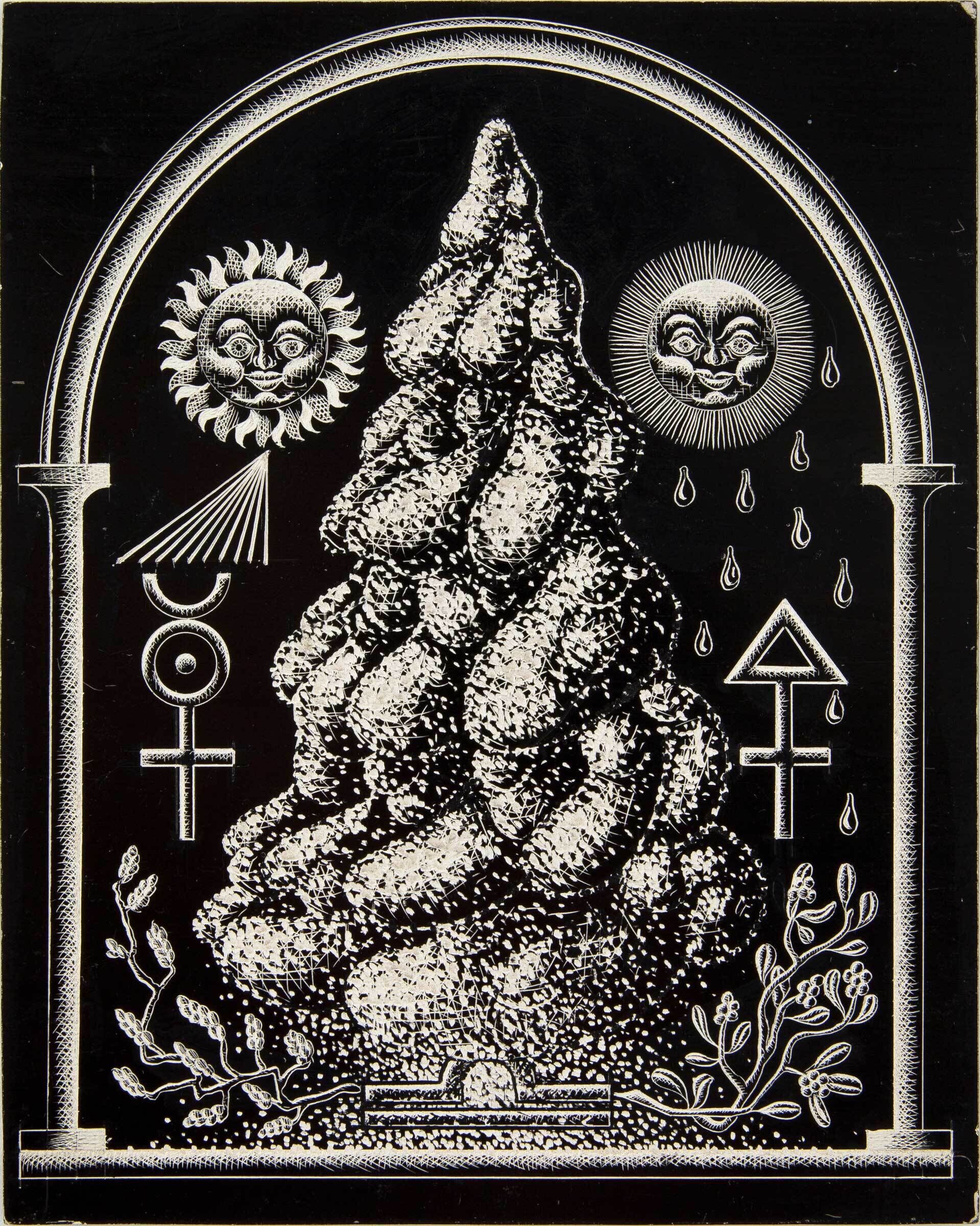 A black and white etched print of an arch. Within the arch is a warped, textured cone with branches growing out of the base. Towards the top of the cone, on the left side, is a sun with a face. Parallelled on the right is a full moon.