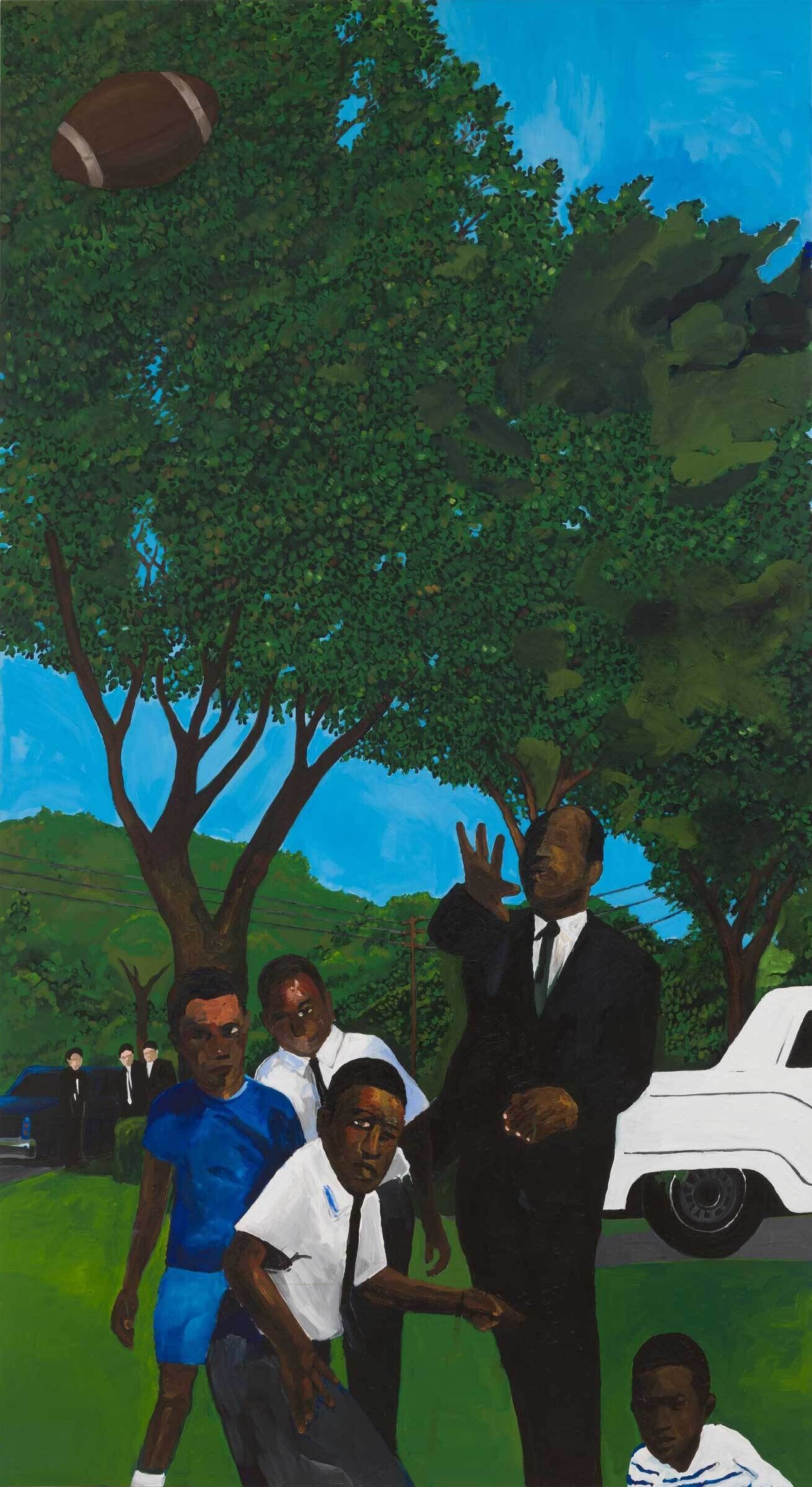 A painting of Martin Luther King Jr. and four children standing on a grassy lawn. Trees and a driveway are visible behind them. King is wearing a suit and tie and has his right arm outstretched before him, appearing to have just thrown a football that is visible in the upper left corner of the painting. The children’s eyes are focused on the football. Three lighter skinned onlookers are visible in the background, on the left side of the painting.