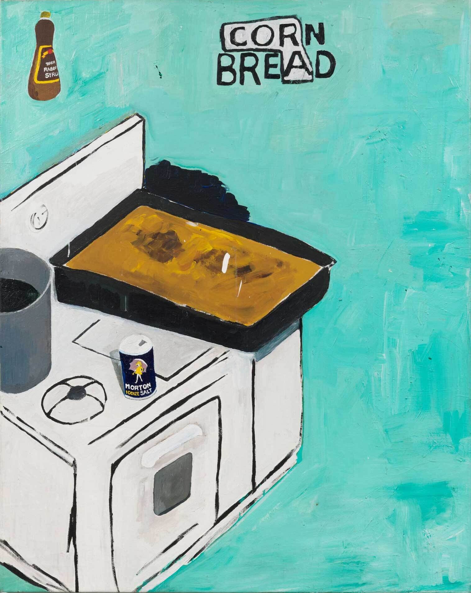 Against an aqua background, a white oven sits in bottom left of the painting. Resting on the stovetop is a rectangular pan of cornbread, a metal pot, and a tube of Morton’s Sea Salt. In the upper left corner is a bottle of golden colored syrup. The words “CORN BREAD” are written in black letters to the right of the syrup. The letters “CORA” are highlighted by a white L-shaped box with a black outline.