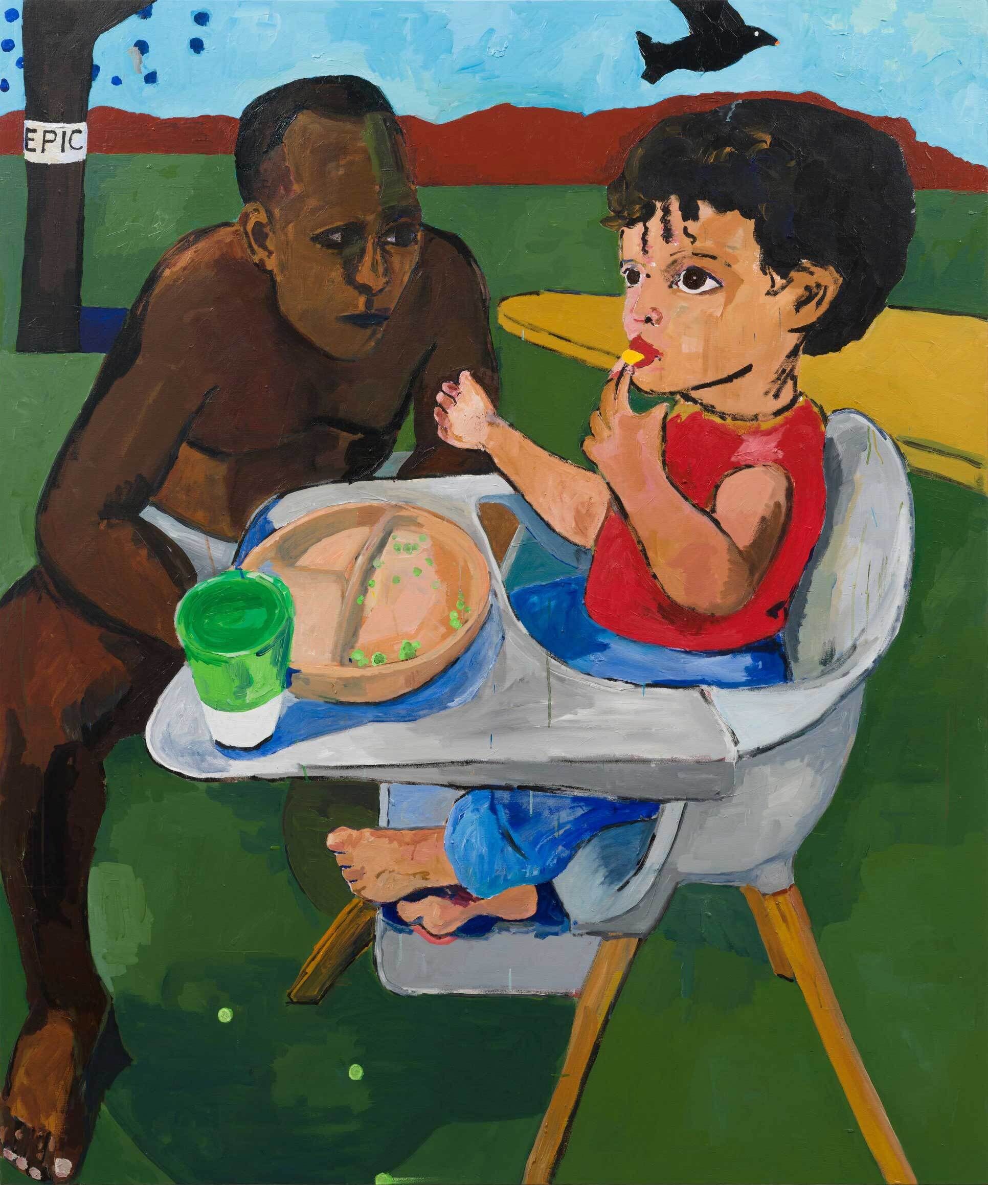 A child sits in a white high chair, eating peas. To the left of her, a Black man is looks after her, squatting. They are in a grassy area, with reddish mountains visible on the horizon and a pale blue sky overhead. Posted on a tree trunk behind them is a white sign with the word "EPIC" in black writing. A black bird flies over the child's head.