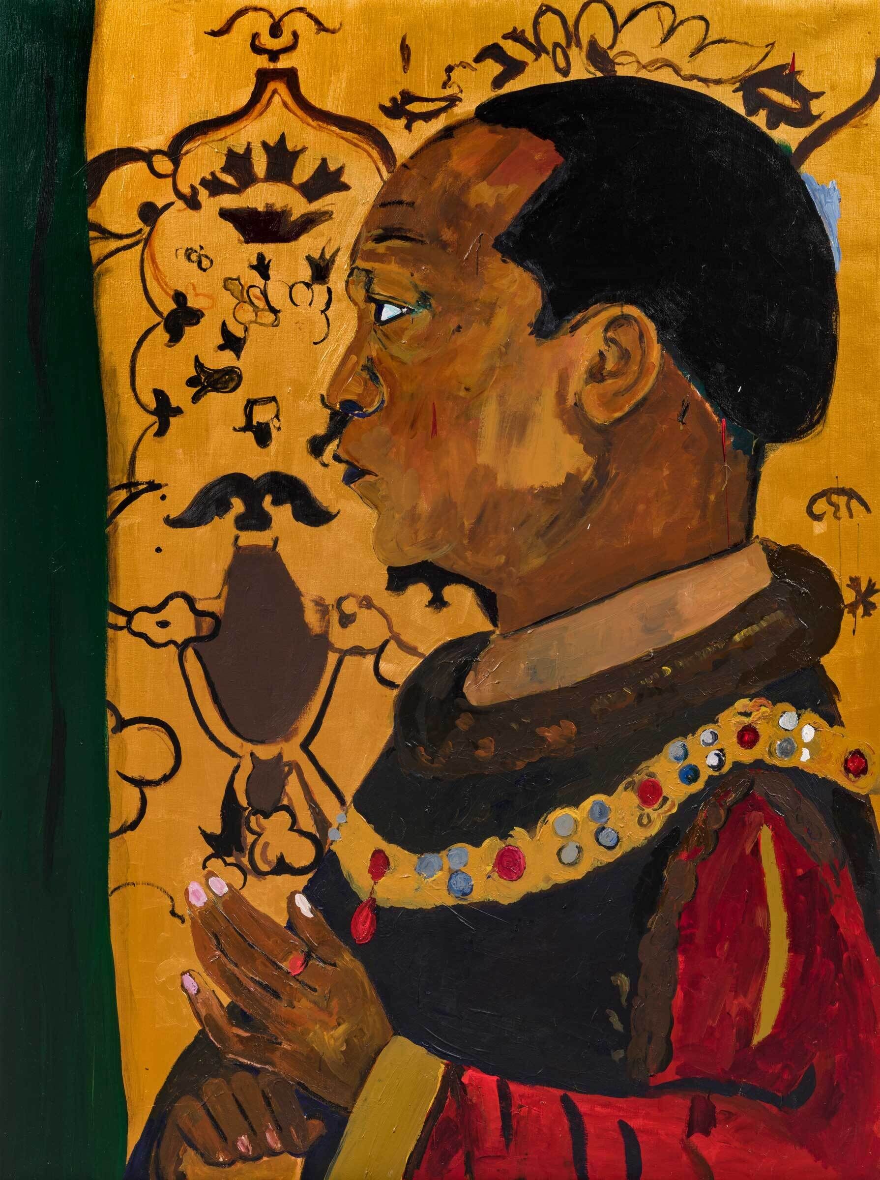 A portrait of a Black man in profile view. He is wearing a regal cloak-like garment with rich red sleeves. Gold and jeweled embellishments drape across his chest and shoulders. The background is a golden yellow color with a dark brown floral pattern.