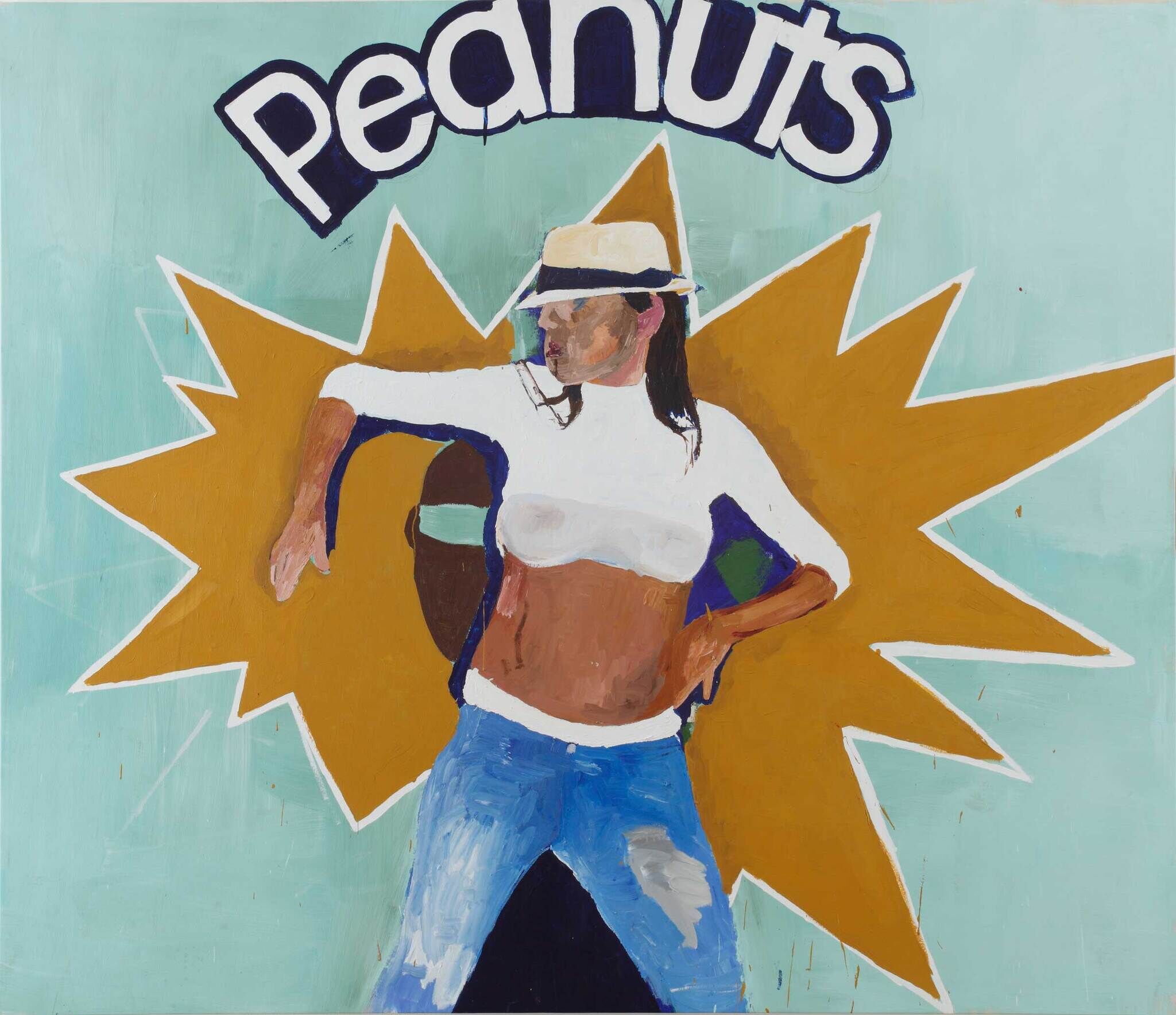 A central figure stands with their arms bent and their head turned to the left, as if mid-dance. Behind them is an irregularly shaped yellow star with a white outline. The background is pale blue, and in the top center, the word "Peanuts" is written in white text with a navy outline.