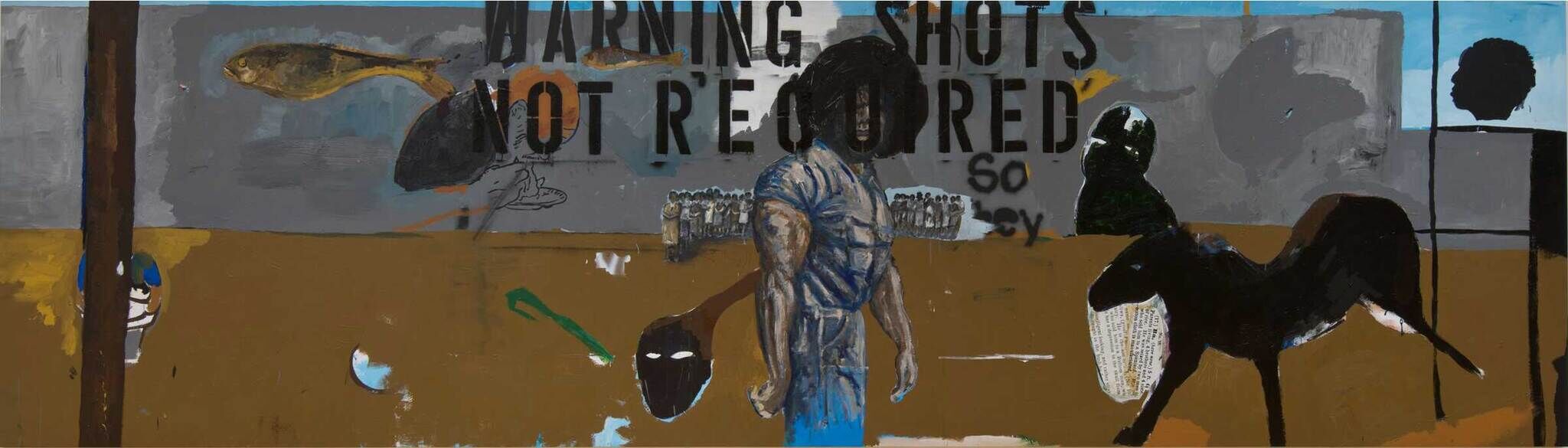 A muscular figure with dark skin and an afro wears a blue-grey prison jumpsuit. In the background is a yellowish-brown floor, a grey wall, and a thin strip of blue sky above it. The words "warning shots not required" are written in black letters on the top center of the piece. Glimpses of other figures and objects appear throughout the painting.