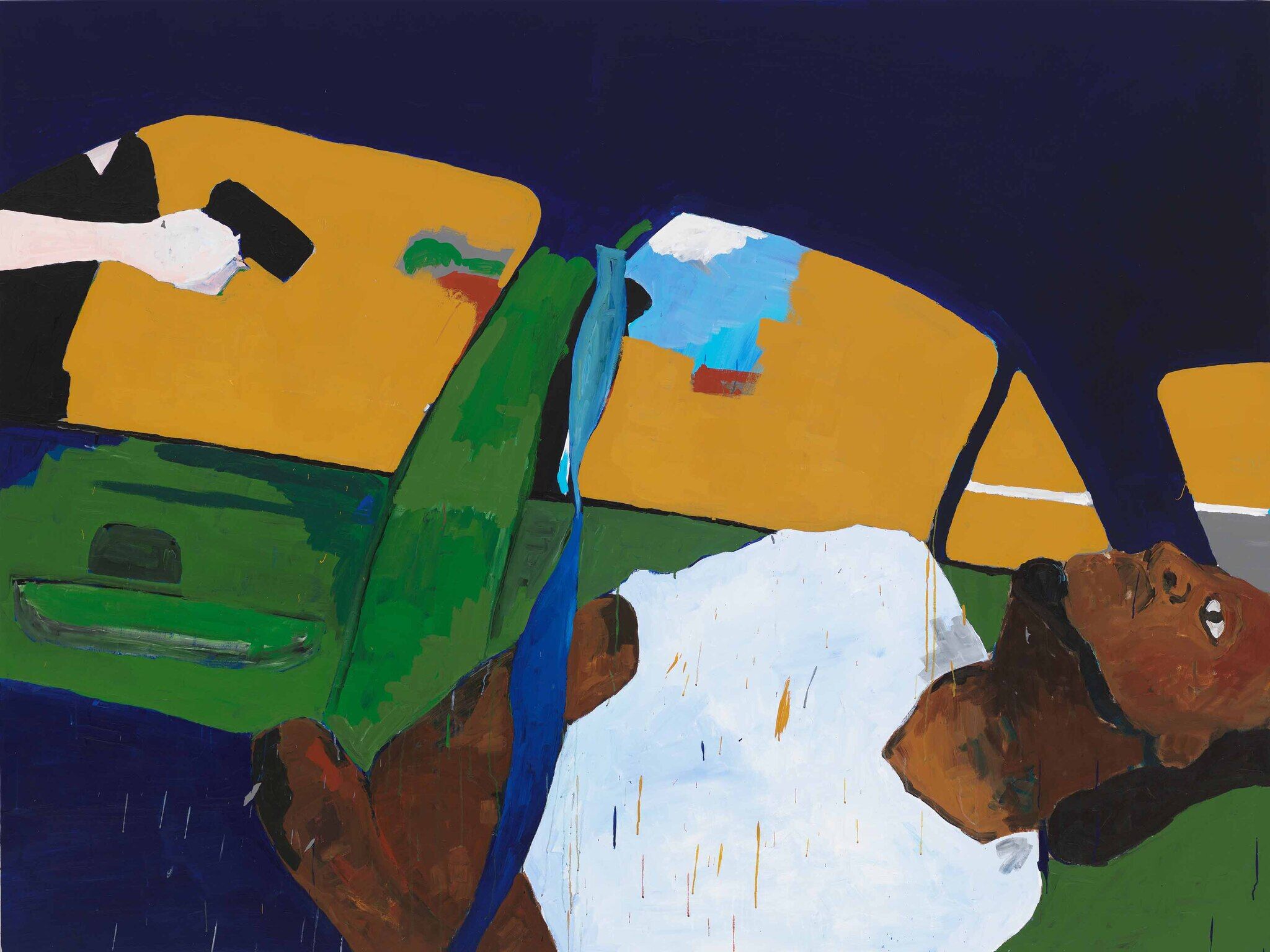 Painted from the viewpoint of the interior of a car, a Black man lays limply in the front seat. Through the car window, the arm and torso of a white police officer are visible. His gun is pointed at the Black man inside.
