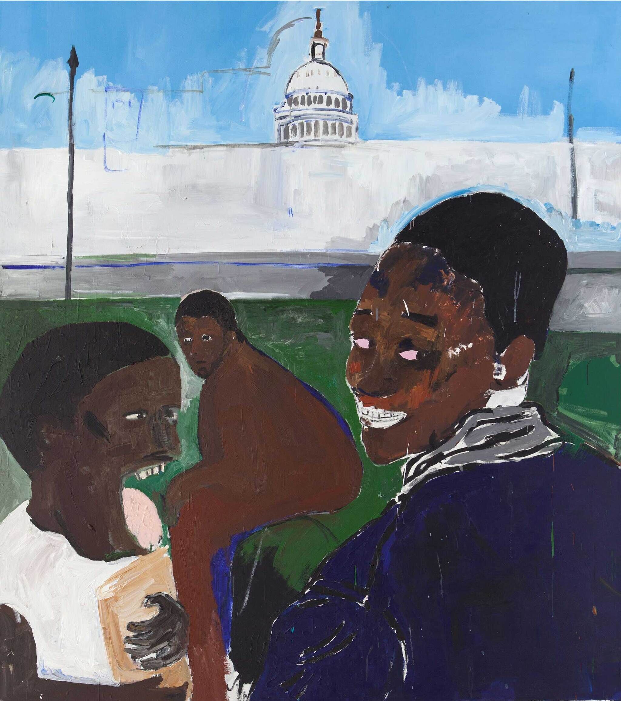Three dark skinned figures stand on a grassy lawn in front of the White House. The rightmost figure has their back turned to the audience and turns their head back in a grin. In the center is a nude figure in a crouched position, as if they were seated. The leftmost figure stands with their head turned towards the center, with their mouth open wide. They are wearing a bright white shirt and clutch a nude colored book to their chest.
