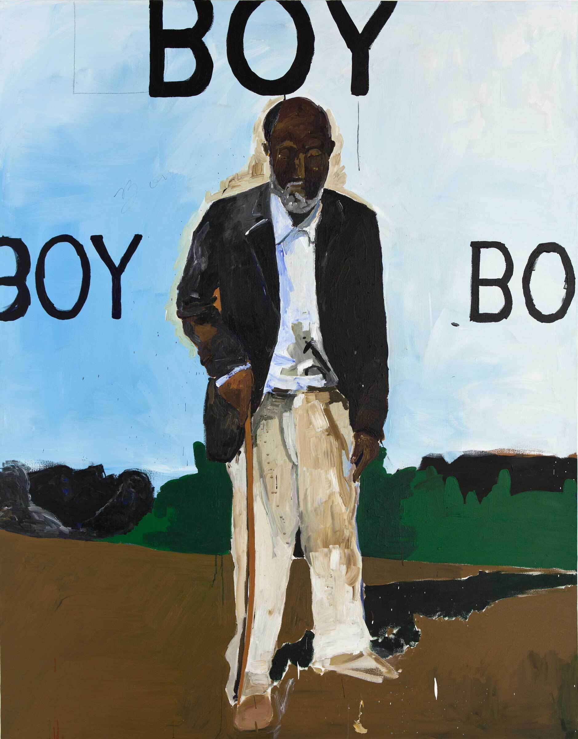 An elderly Black man stands in the midst of a plowed field. The word "BOY" is written three times in large black letters against the blue sky.