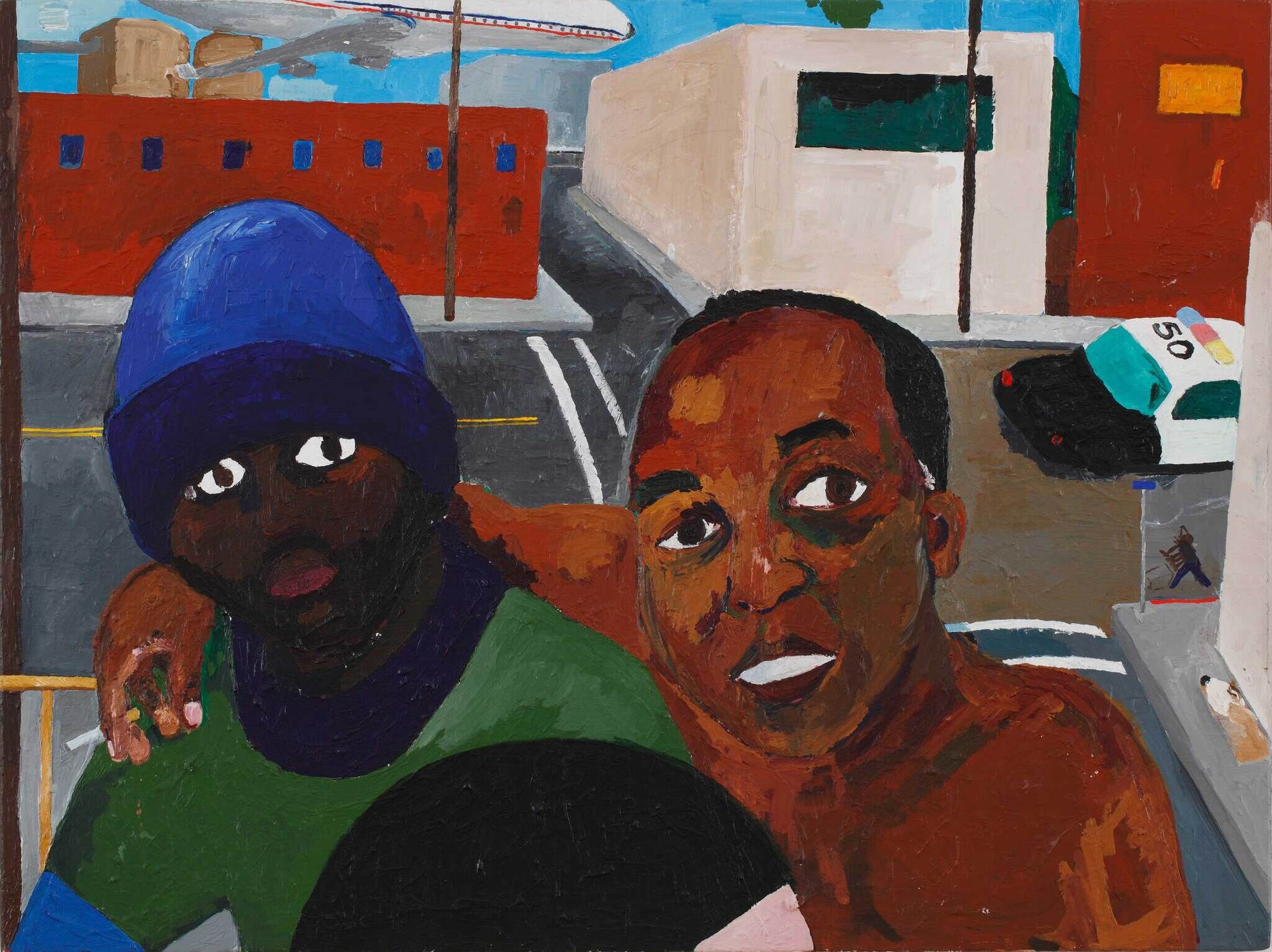 A closeup portrait of two figures posing in front of a city intersection. The figure on the left has dark skin and black beard, and is wearing a blue beanie and green shirt. The figure on the right smiles with an arm draped across the other person's shoulders. In the background, a body lies on the sidewalk, not far from a police car on the road.