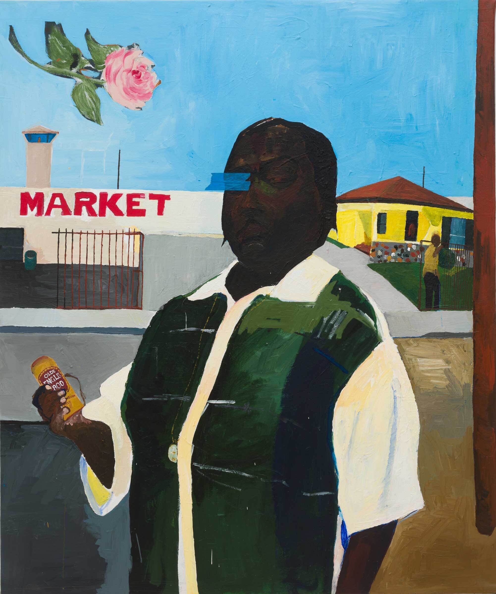 A darkskinned figure wearing a deep green vest and white collared shirt holds a beverage with their right hand. They appear to be standing on a neighborhood block. Behind them to the left is a building with the word "MARKET" written on it, and to the left is a yellow house with a front lawn. On the top left corner, against the background of a pale blue sky, is a singular pink rose.