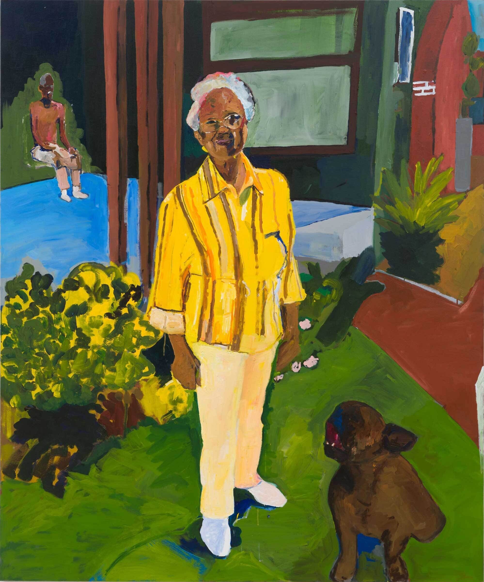 A woman stands in an all yellow outfit in a yard with a dog. In the background there is someone putting their feet in a pool.