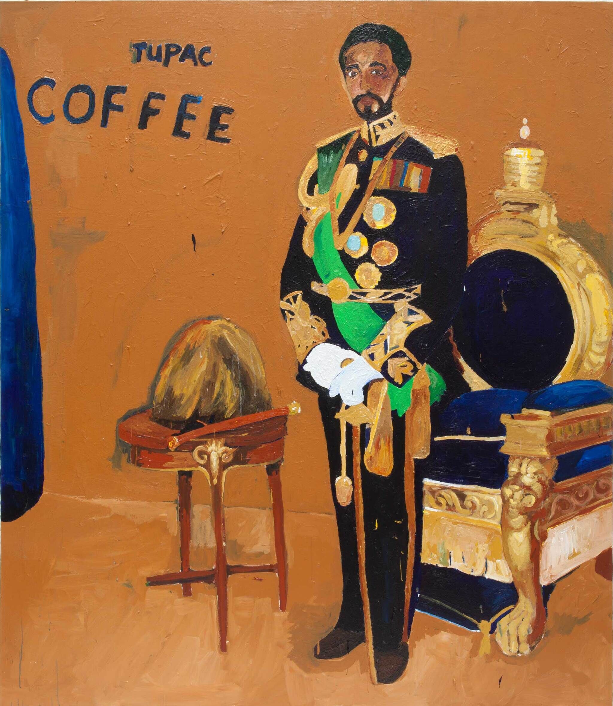 A Black man stands to the center-left, dressed in regal attire. His black suit and pants are heavily decorated with gold medals and embellishments, and a bright green sash hangs across his torso. Behind him is a throne and beside him, to the left, is a wooden end table. The background is an orange-brown color, and in the top right corner of the painting, the words "TUPAC COFFEE" are written in blue letters.