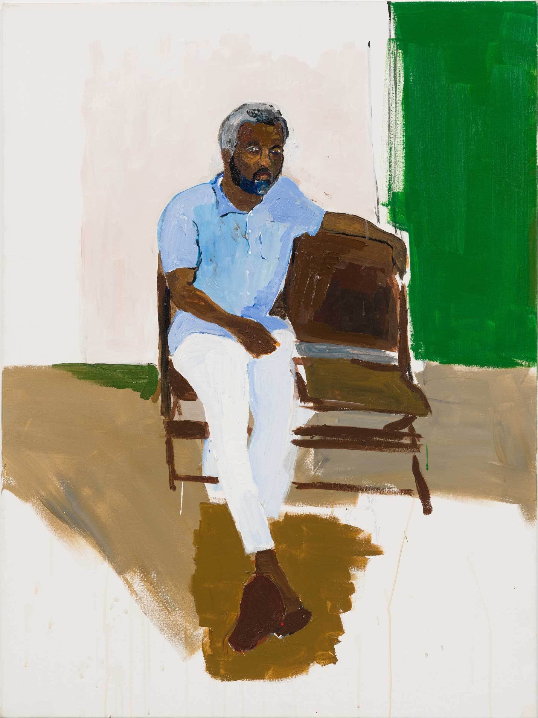 A Black man with grey hair and a black beard sits casually on a wooden folding chair. He wears a light blue button up t-shirt and white pants. The background is cream colored, and the shadow of the man and chair are a taupe color. The top right corner of the background is bright green.