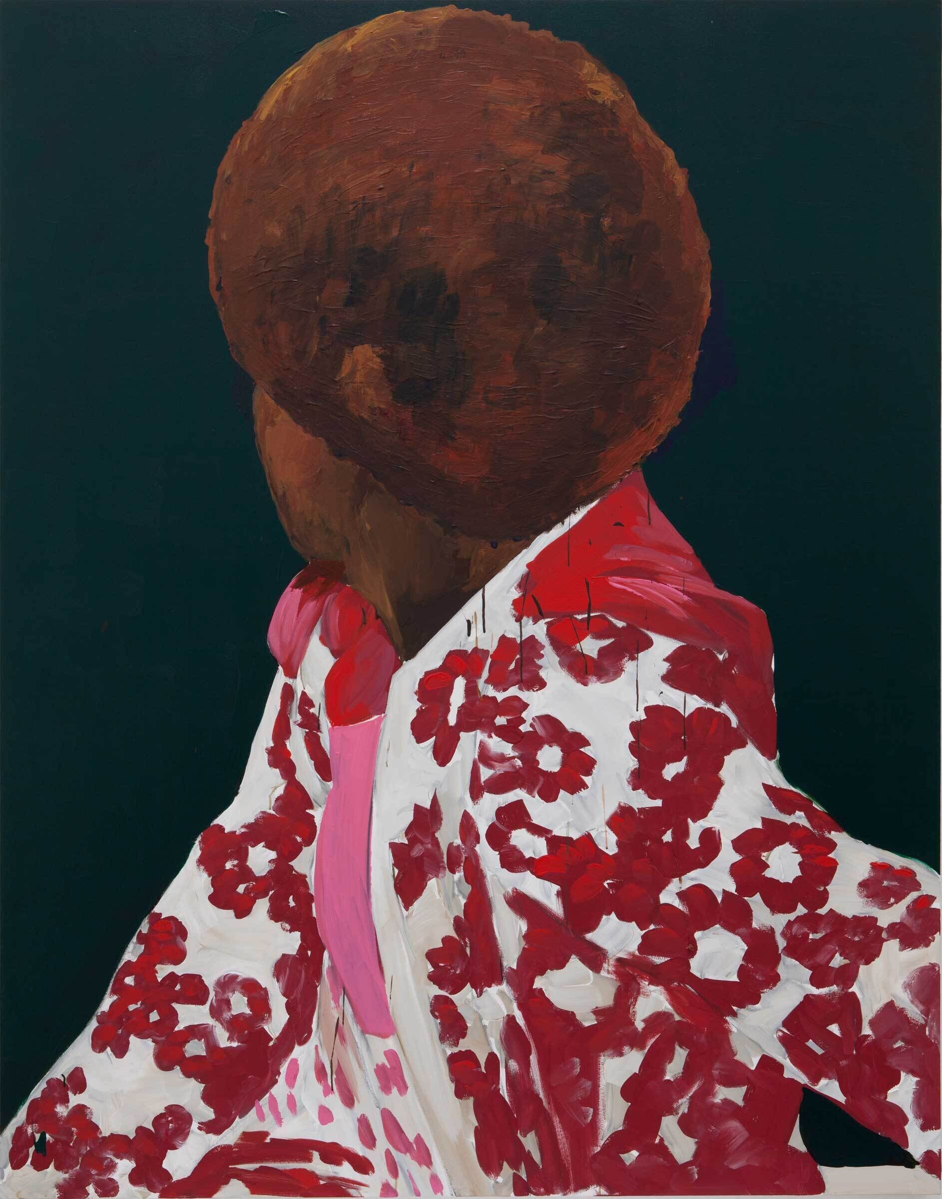 The portrait of a figure turning their face away from the audience, such that only their afro and torso are visible. They are wearing a white hooded jacket with a red floral pattern. The background is a dark green.