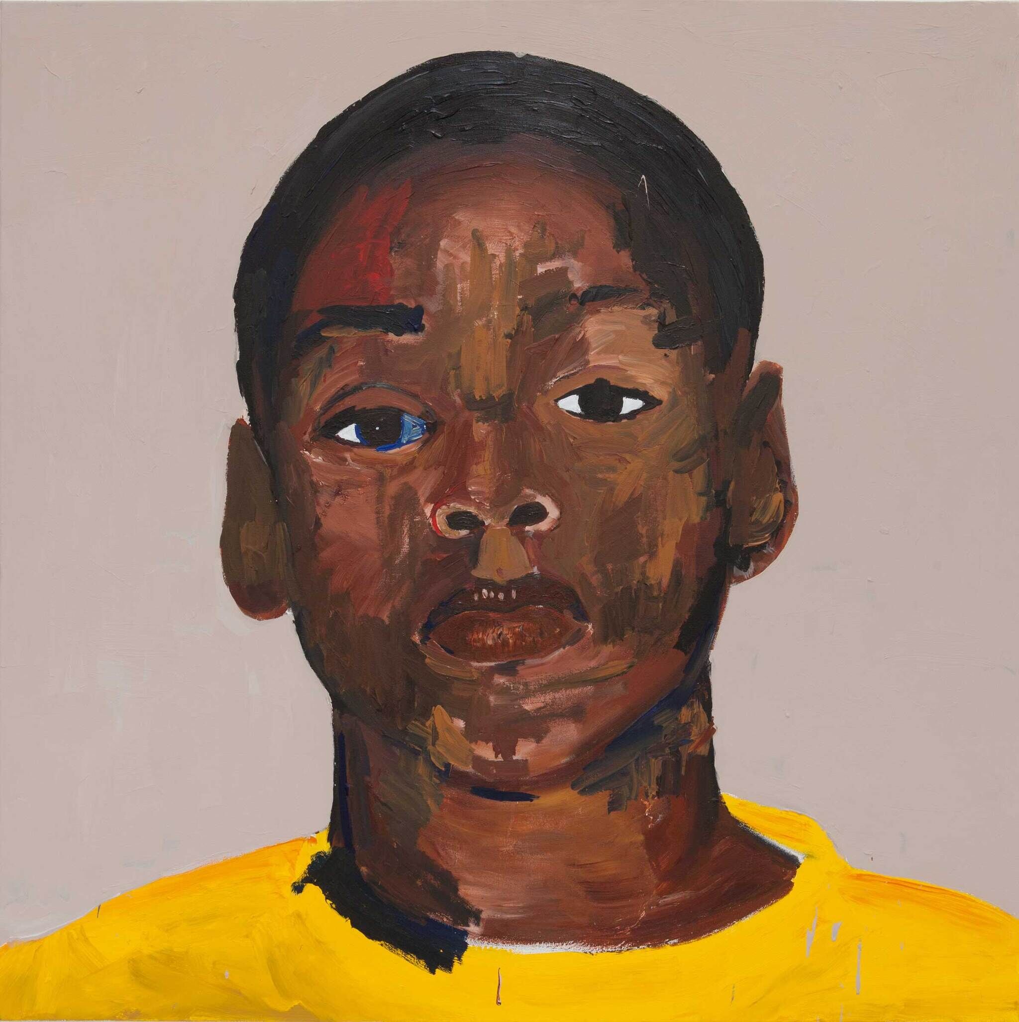 A closeup portrait of a Black boy wearing a bright yellow t-shirt. The background is a warm grey color.