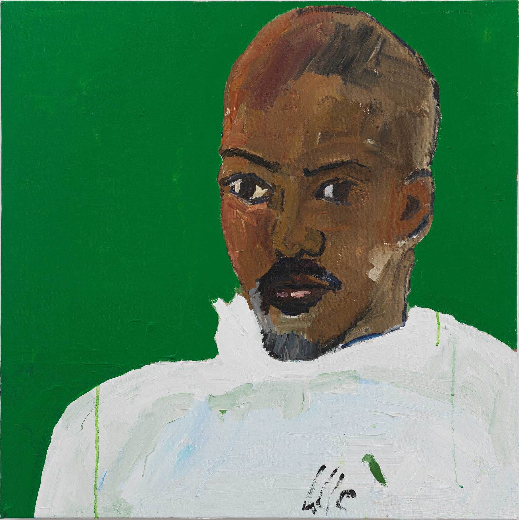 A closeup portrait of a bald Black man with a moustache and soul patch. He wears a white shirt with a high neckline. The background is a vivid green color.