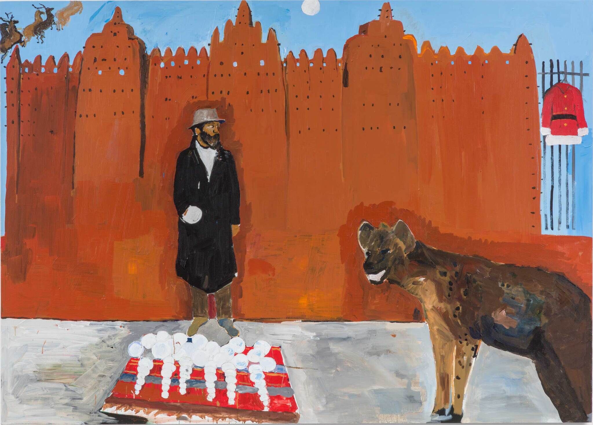 A Black man in a grey fedora and black jacket stands on the sidewalk, in front of a large reddish-brown building. Outstretched before him is a brightly colored rug with snowballs in an assortment of sizes piled on top. Standing on the sidewalk, to the right of the painting, is a hyena. Strips of blue sky are visible around the building, and in the upper-left corner of the painting is a fleet of reindeer flying towards a full moon, which is located at the top center of the painting. To the right of the painting is a black gate with a red Santa Claus jacket hanging on it.