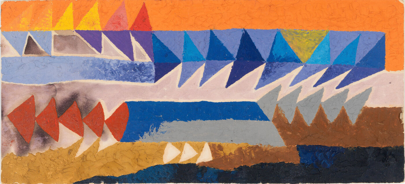 Geometric shapes in varying shades of orange, blue, purple, cream, and gray, characterized by rows of stacked triangles