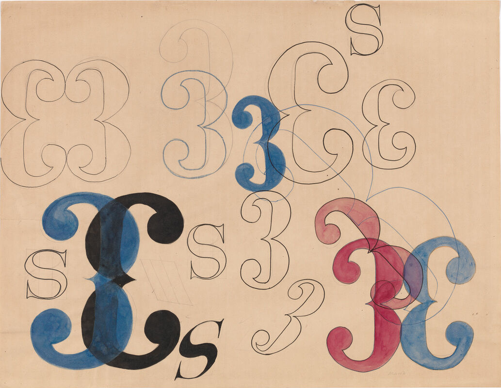 Scattered outlines of three's and "S"'s across a cream colored page. Some of the outlines are filled in with blue, black, and red.