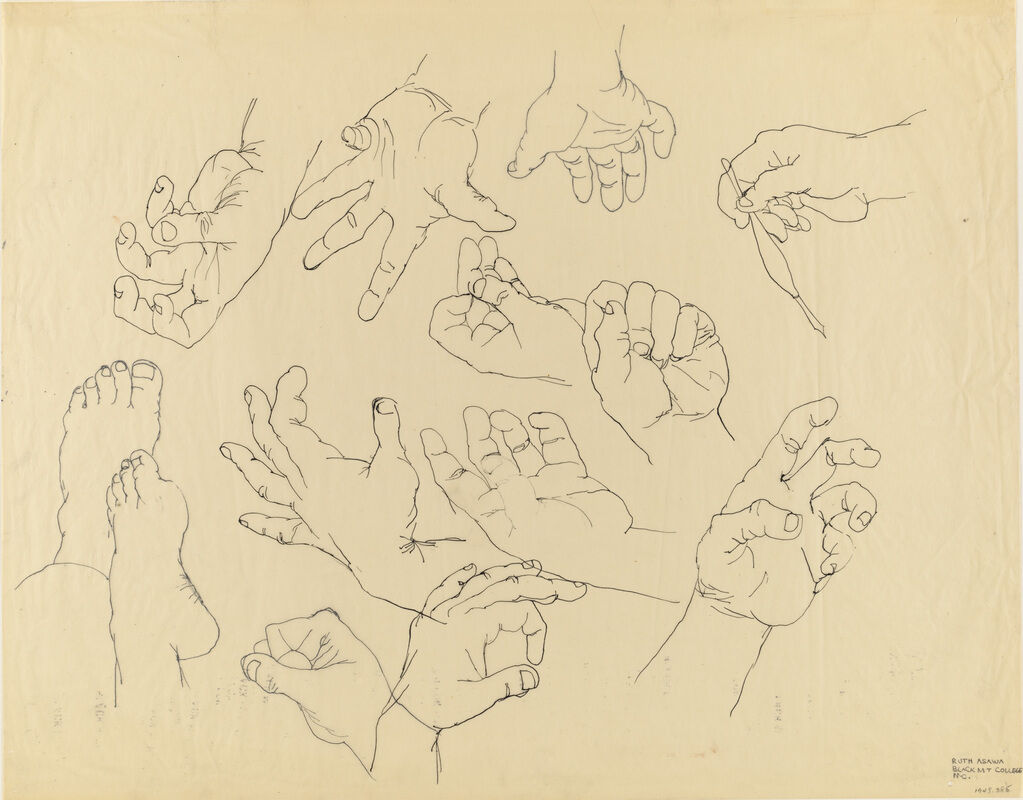 Ink drawings of hands and feet in 12 different positions fill the page in a loose circular shape.