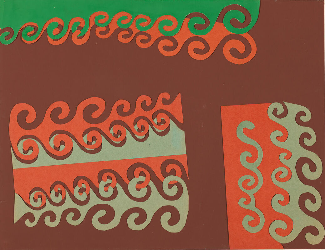Green, orange, and cream wave-like swirls overlap on a brown background.