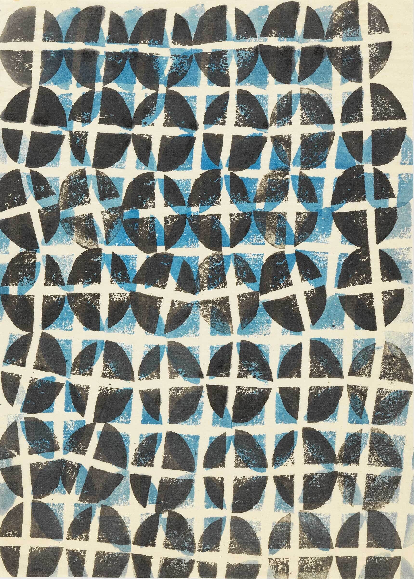 Seven rows of a repeating stamped cross within an oval, overlapping horizontally in blacks and blues