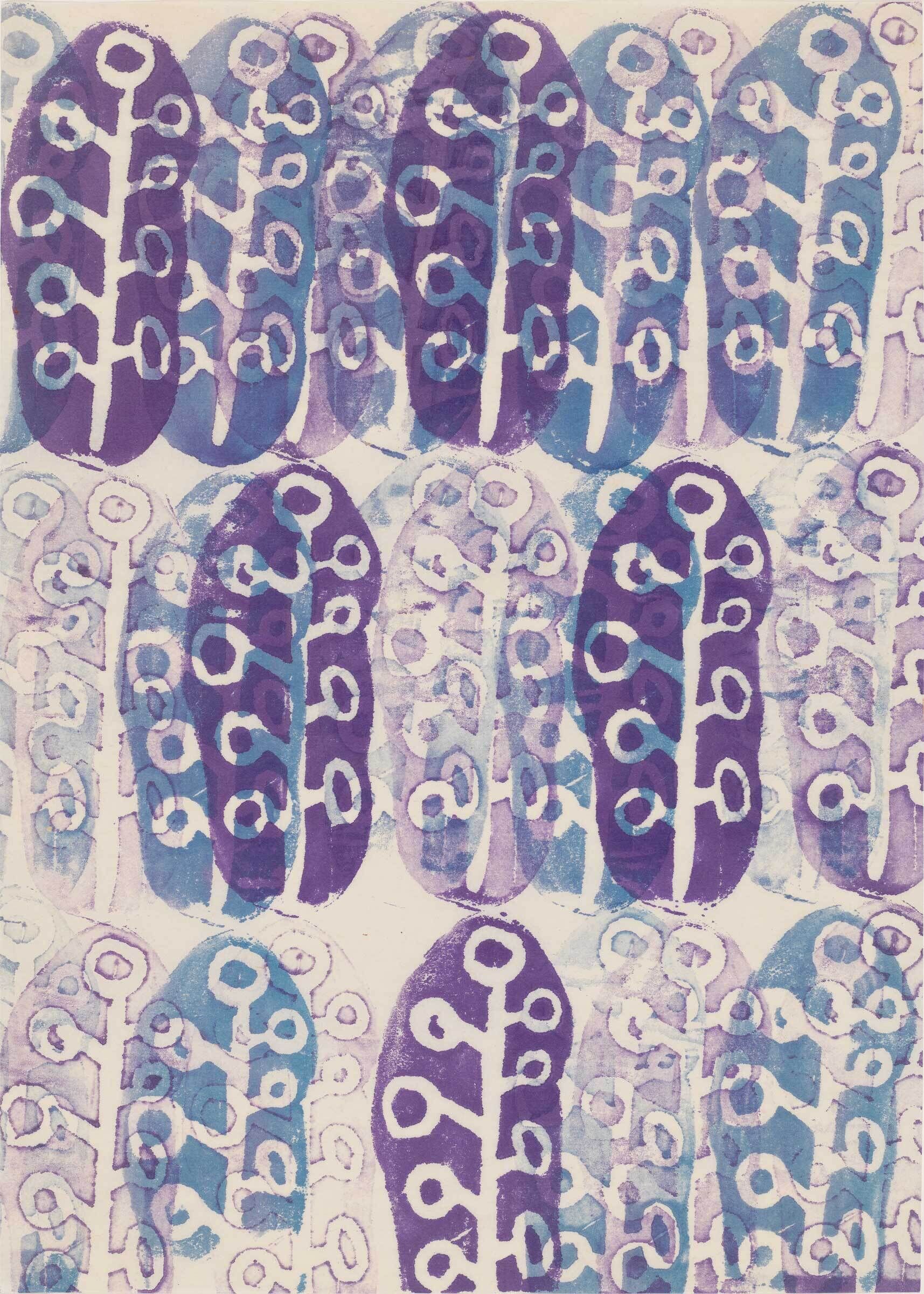 Three rows of a repeating stamped branch within an oval, overlapping horizontally in purples and blues