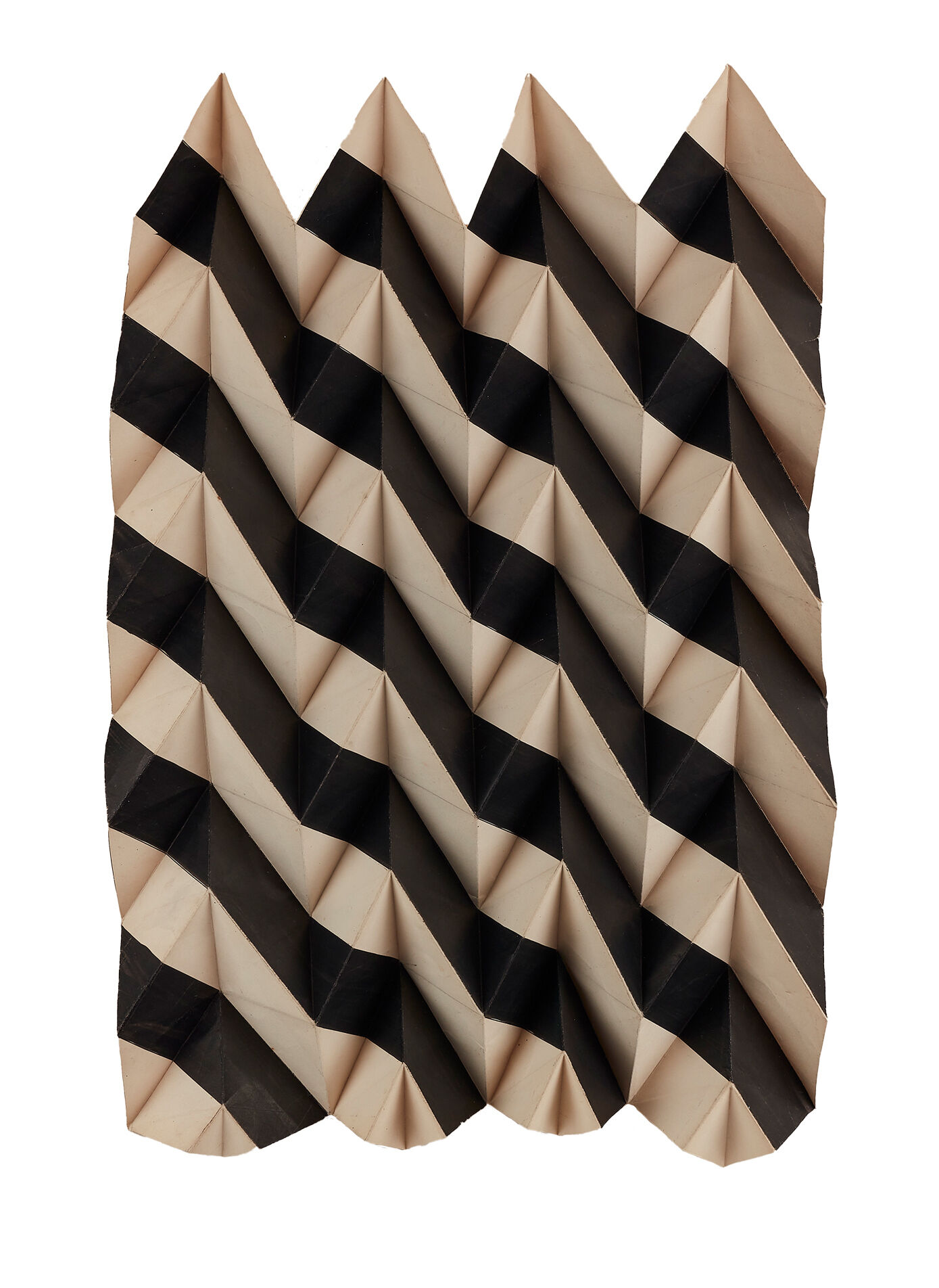 A three-dimensional rectangular hanging paperfold sculpture, with diagonal black and white stripes.