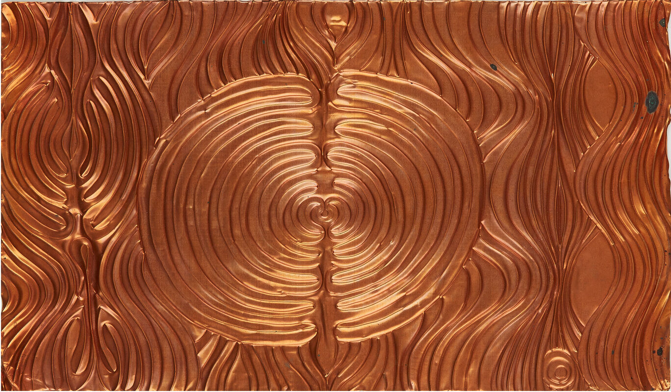 A series of mirrored concentric semicircles on a copper sheet, with vertical waves around the semicircles.
