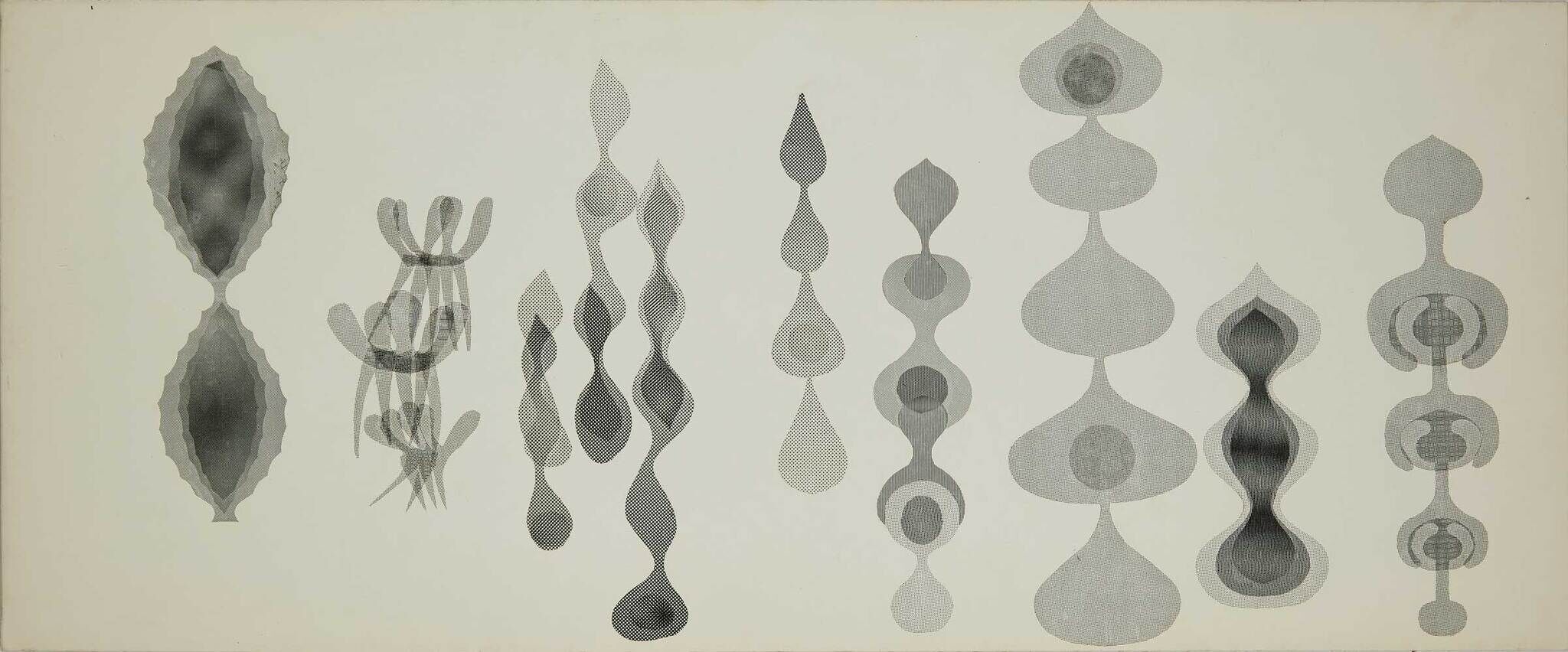 A series of twelve sets of tiered, oblong shapes in shades of grey against a white background.