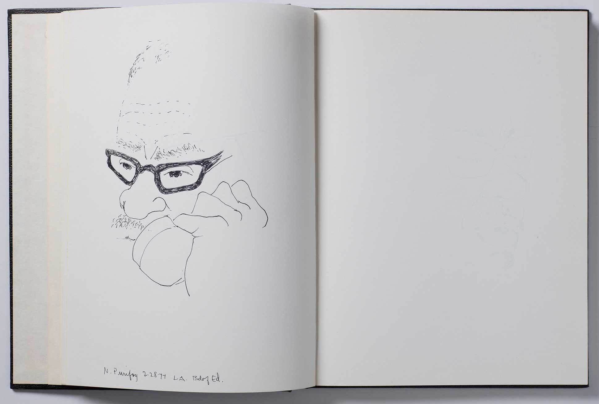 An open notebook with a sketch on one side of a man's bespectacled face holding a telephone receiver in his left hand up to his ear.