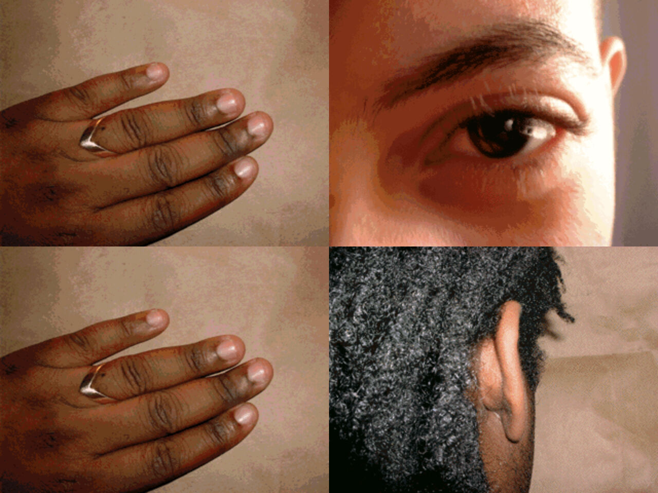 Screenshot of a webpage divided into quadrants, with the same image of a black hand with a ring in the top and bottom left, a close up of someone's eye with a lighter skin tone in the top right, and in the bottom right the back of a black person's head with just an ear and hair visible.