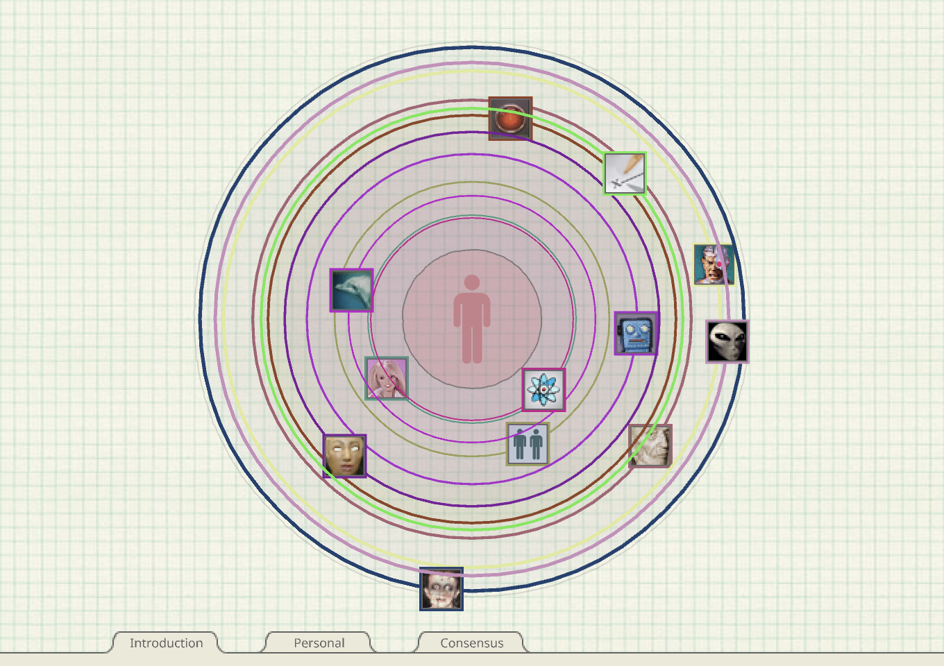Square images orbit on colored lines in a circle around simple human figure at the center in pink.