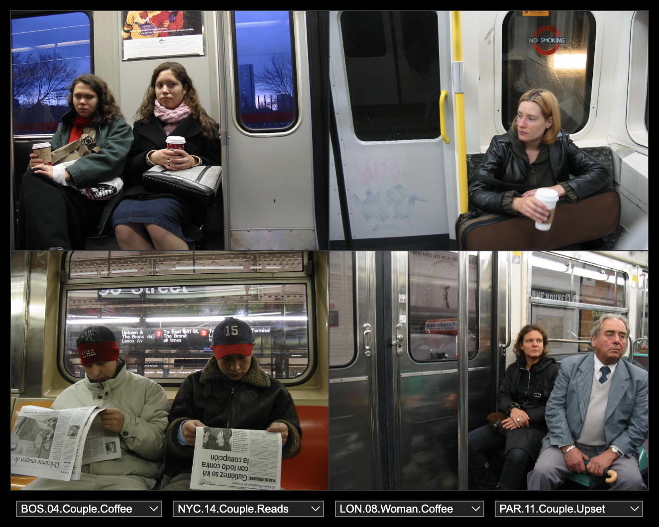 A grid of 4 photos of various people on the train in boston, new york, paris, and london.