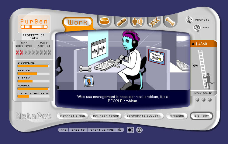 Screenshot of a flash game where a humanoid creature is sitting at a desk in a cubicle with various stats and game options are available in an interface around the edge of the display.