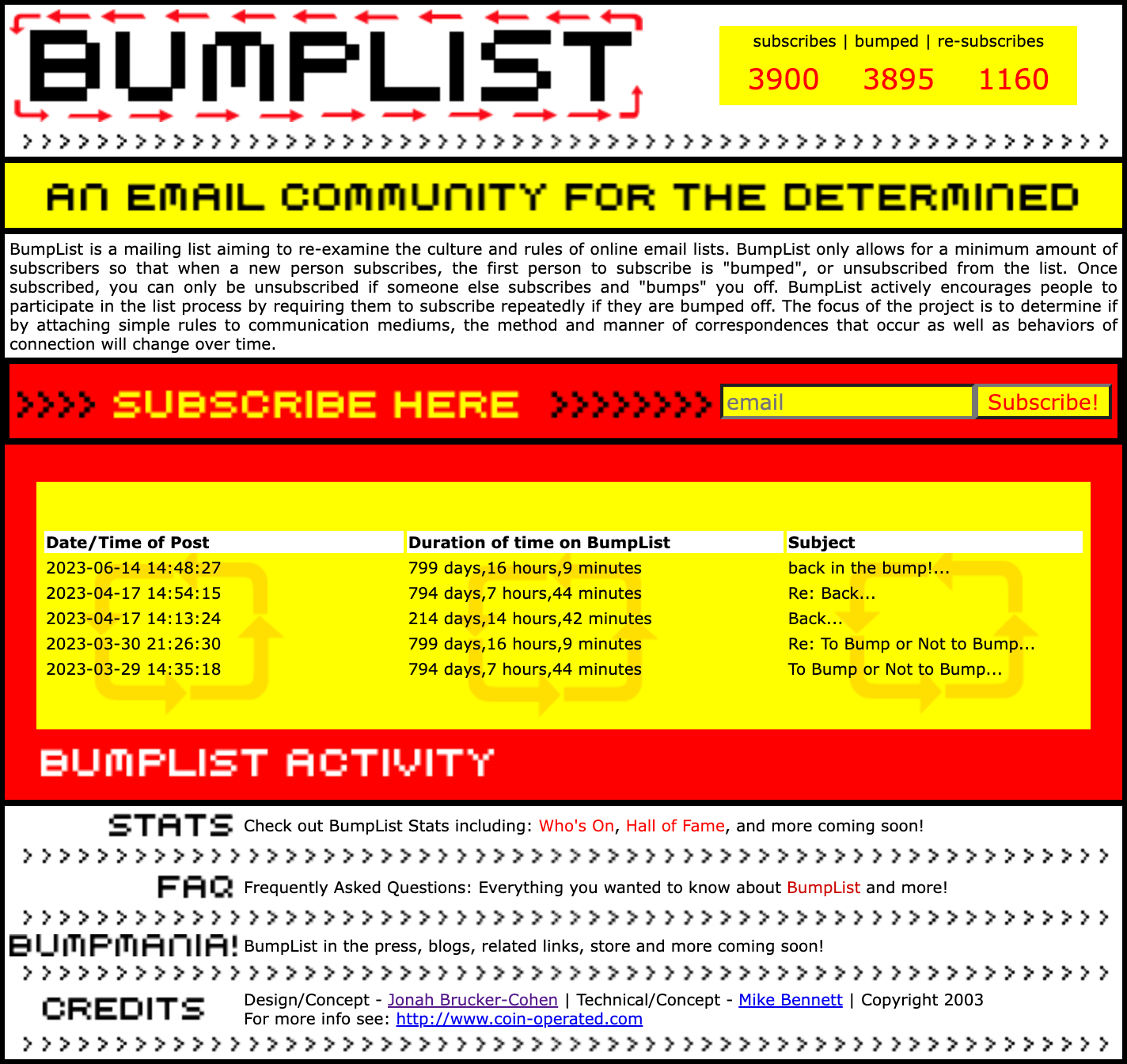 Mostly text, with the title "BUMPLIST", subtitle "AN EMAIL COMMUNITY FOR THE DETERMINED", and an explanation of the project in a smaller font below with lots of red and yellow.