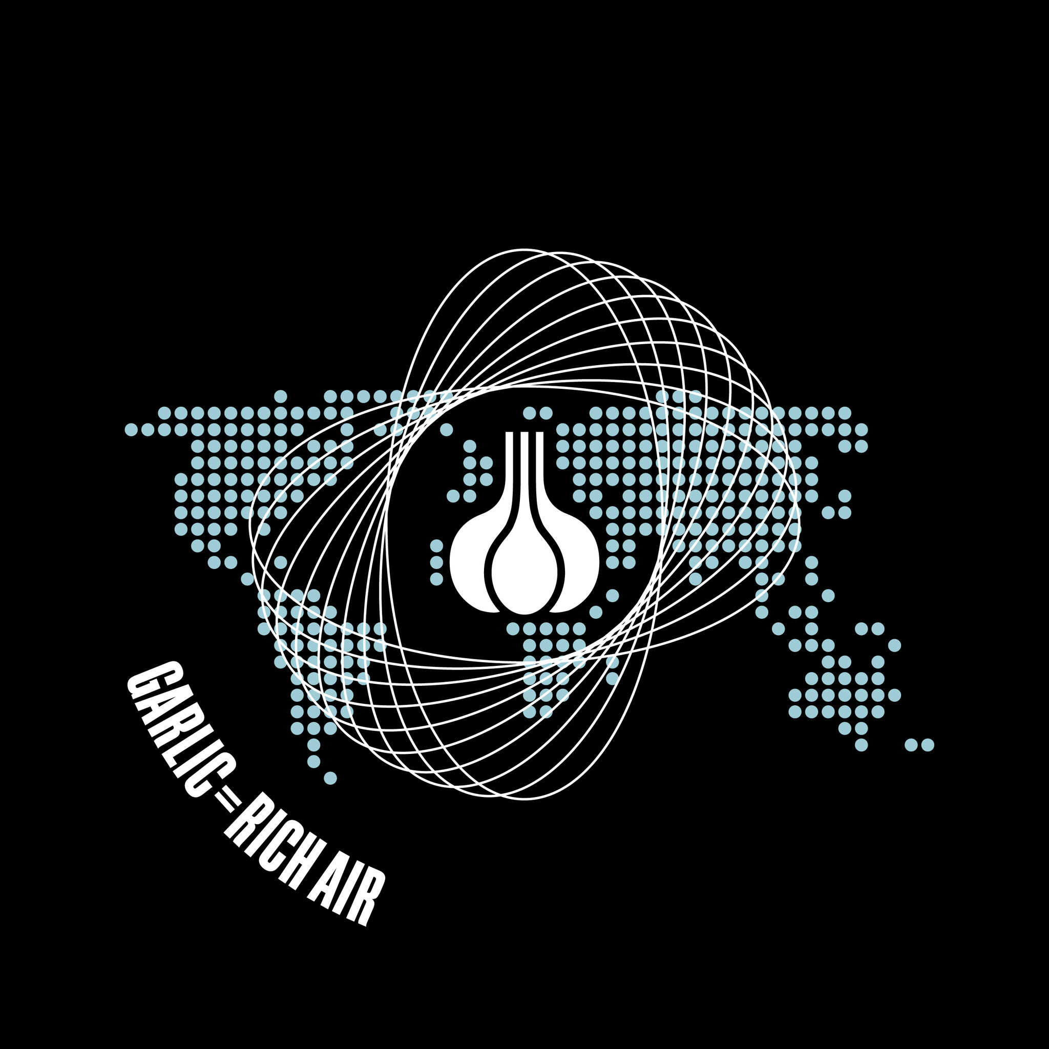 Logo for the project, comprised of a map of the world made up of blue dots, with a garlic bulb in the center, some white geometric lines surrounding it, and Garlic=Rich Air in the bottom left corner in white, over a black background.