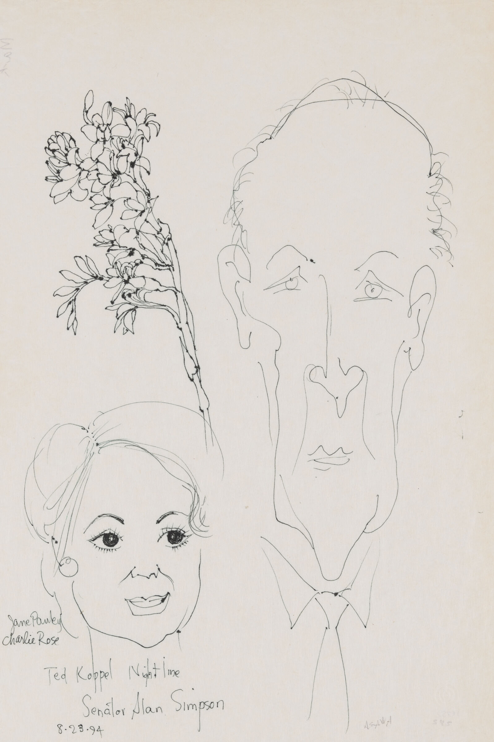 Sketches of two faces and a bouquet of flowers. 