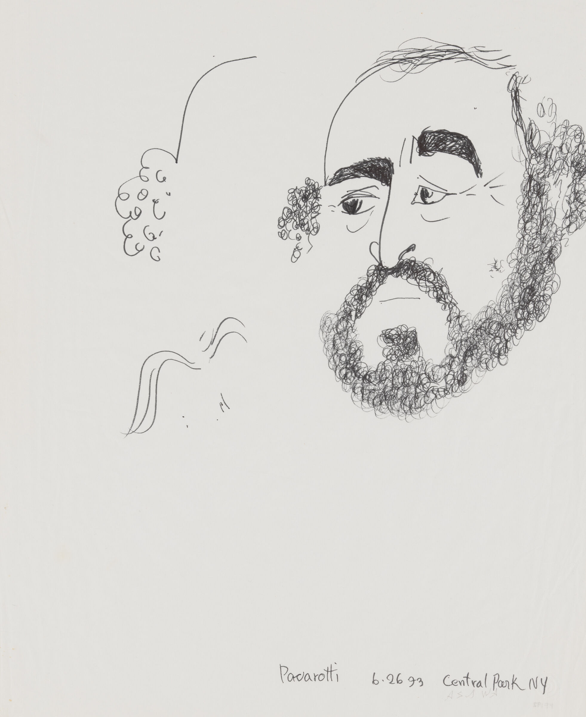 A sketch of a bearded man with thick eyebrows. 