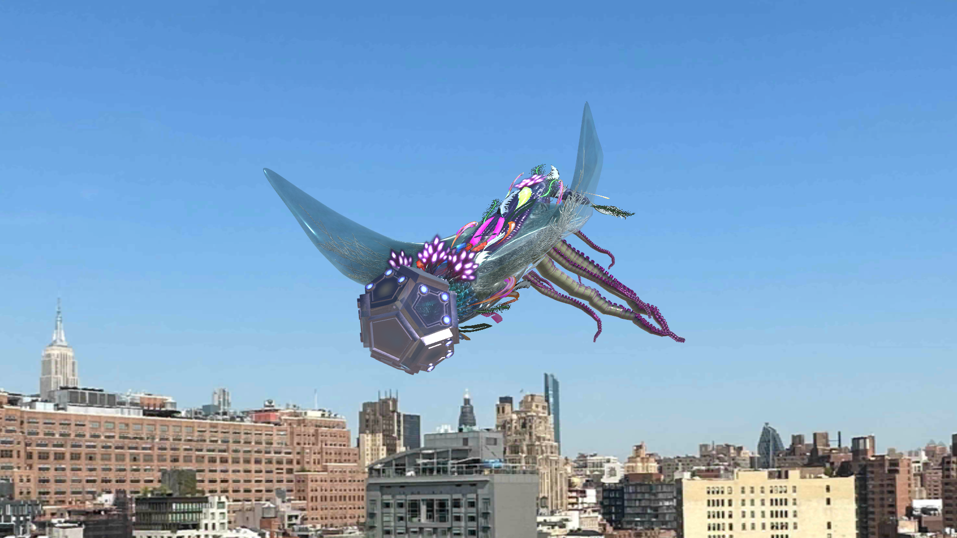 A fictitious multi-species virtual creature flying over NYC with the skyline in the background. The creature has a serpentine body lined with scales and fungal filaments, squid-like limbs, manta ray wings, a machine head, and vibrant feathers.