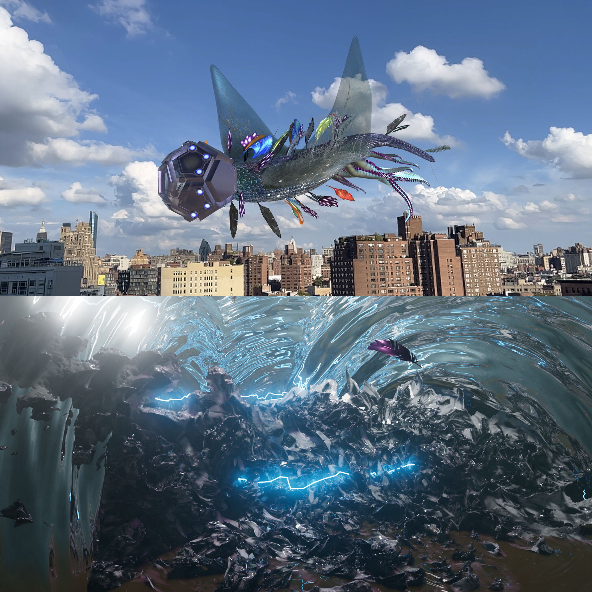 Diptych of two images. On top is a alien-looking creature flying in the sky above New York, covered in scales and feathers with a polygonal head. Beneath is the creature's environment, a mass of shapes and darker tones of black and blue, with electricity in the center and water and light above, with one purple feather to the side.