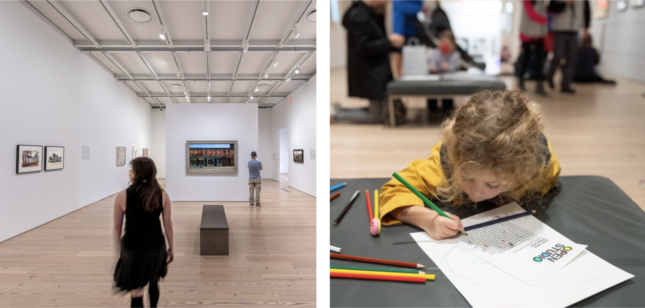 Image on the left shows a person walking in a gallery with art on the walls and another person in the background. Image on the right shows a young child drawing on paper with colored pencils. 