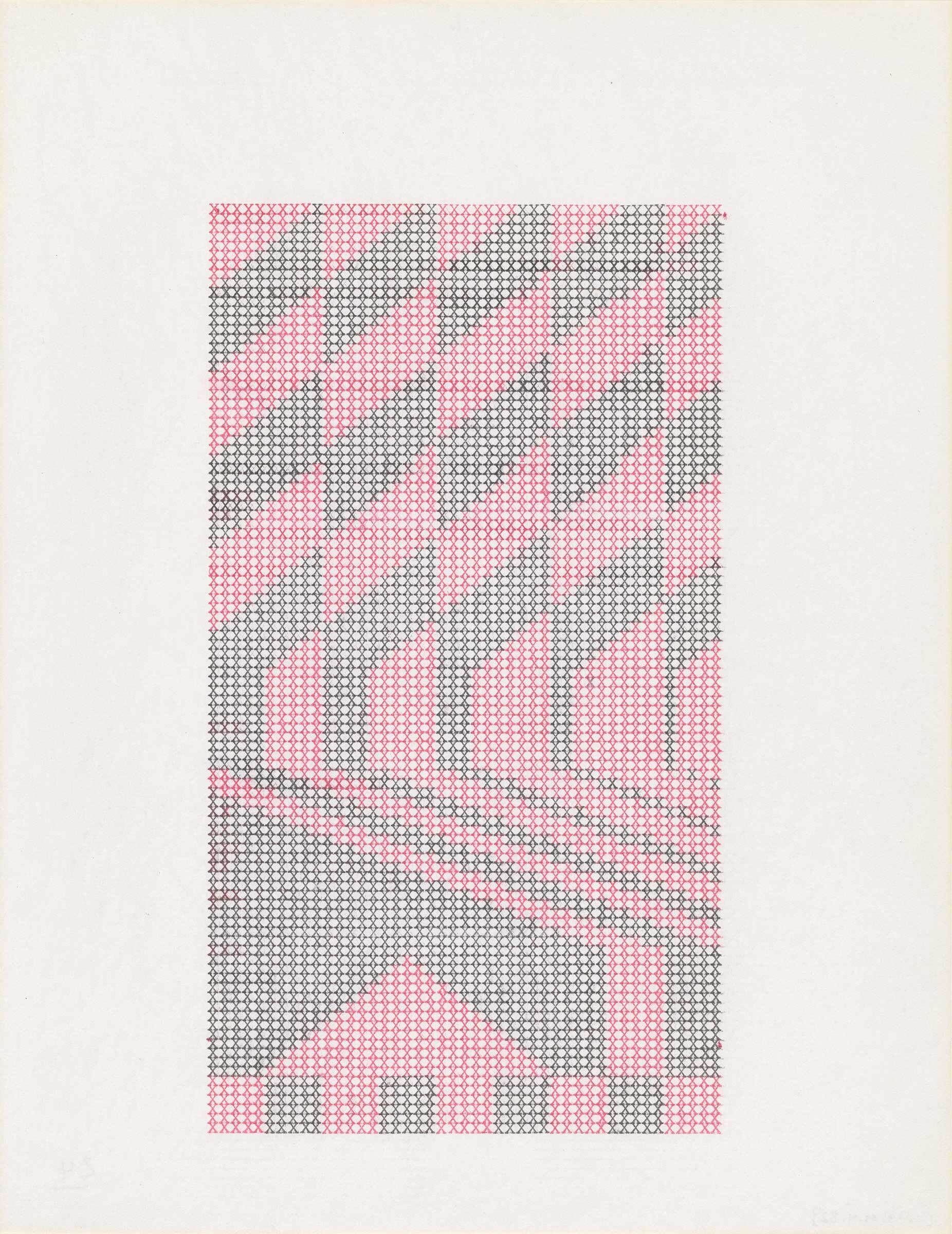 An image of geometric shapes in shades of grey and pink, with a border of white around it.